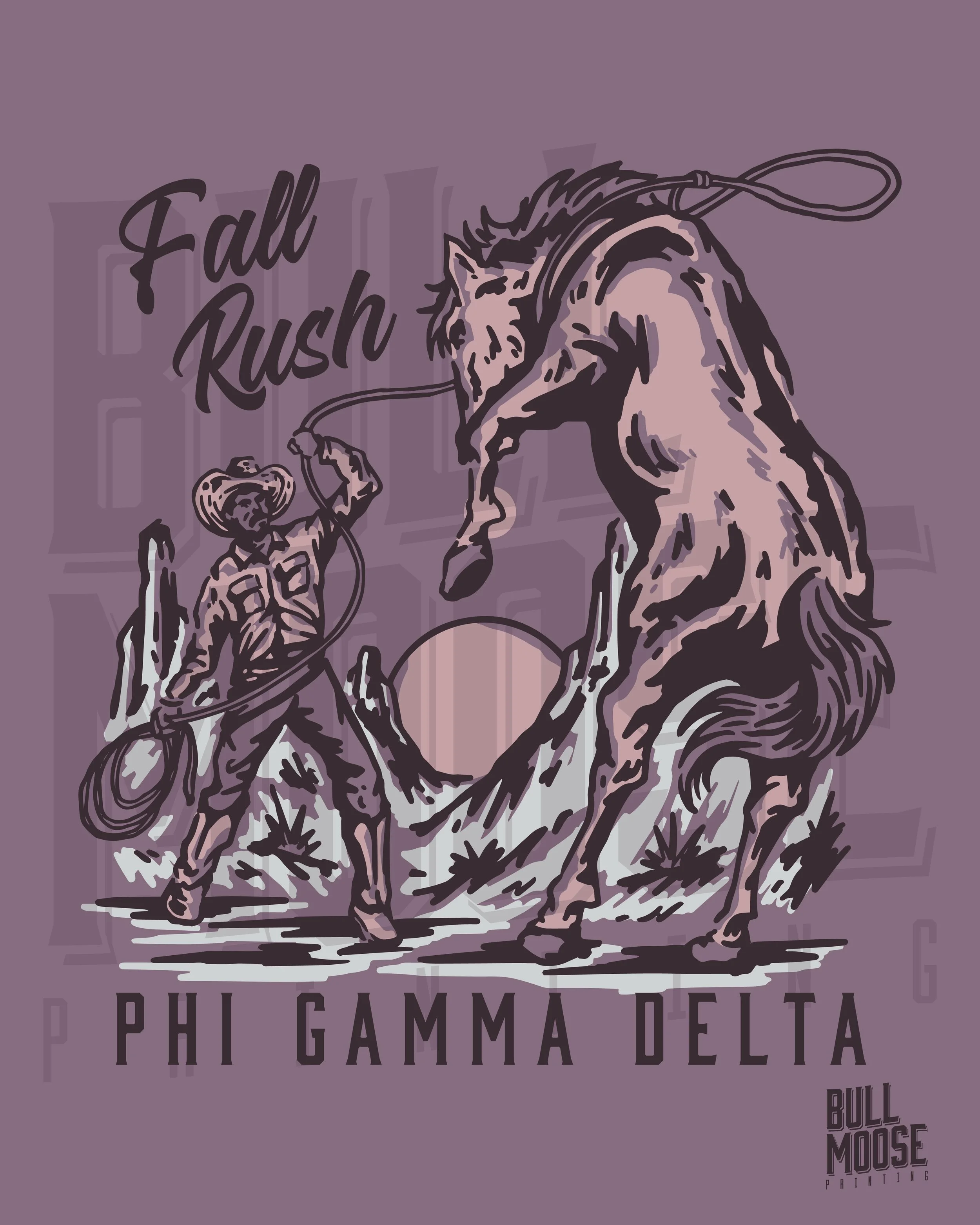 Illustration of a cowboy lassoing a bucking bull, with the text 'Fall Rush' and 'Phi Gamma Delta', and a backdrop of mountains and a setting sun in muted purple tones.