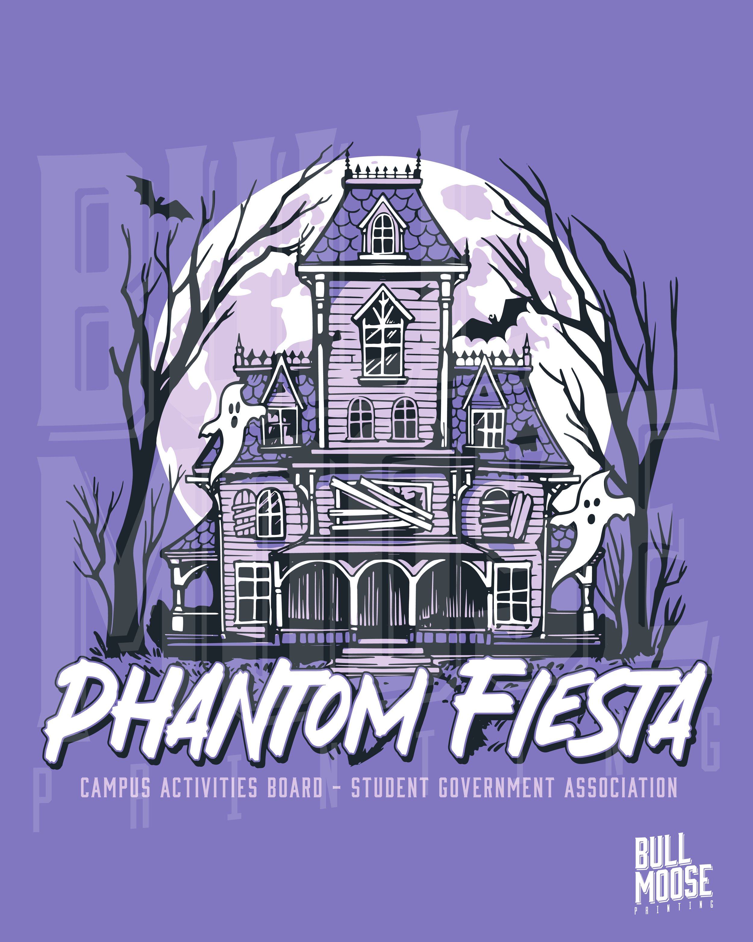 Illustration of a spooky haunted house with ghosts, bats, and bare trees against a full moon, promoting Phantom Fiesta event.