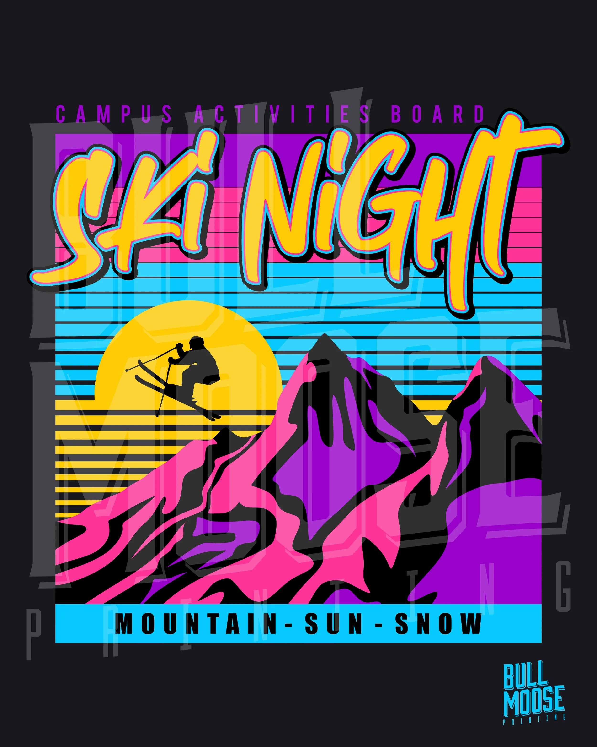 A colorful graphic promoting a ski night event, featuring a mountain scene with snow, a skier silhouette, a yellow sun, and a background of pink, blue, purple, and black with text reading 'Campus Activities Board Ski Night' and 'Mountain-Sun-Snow'.