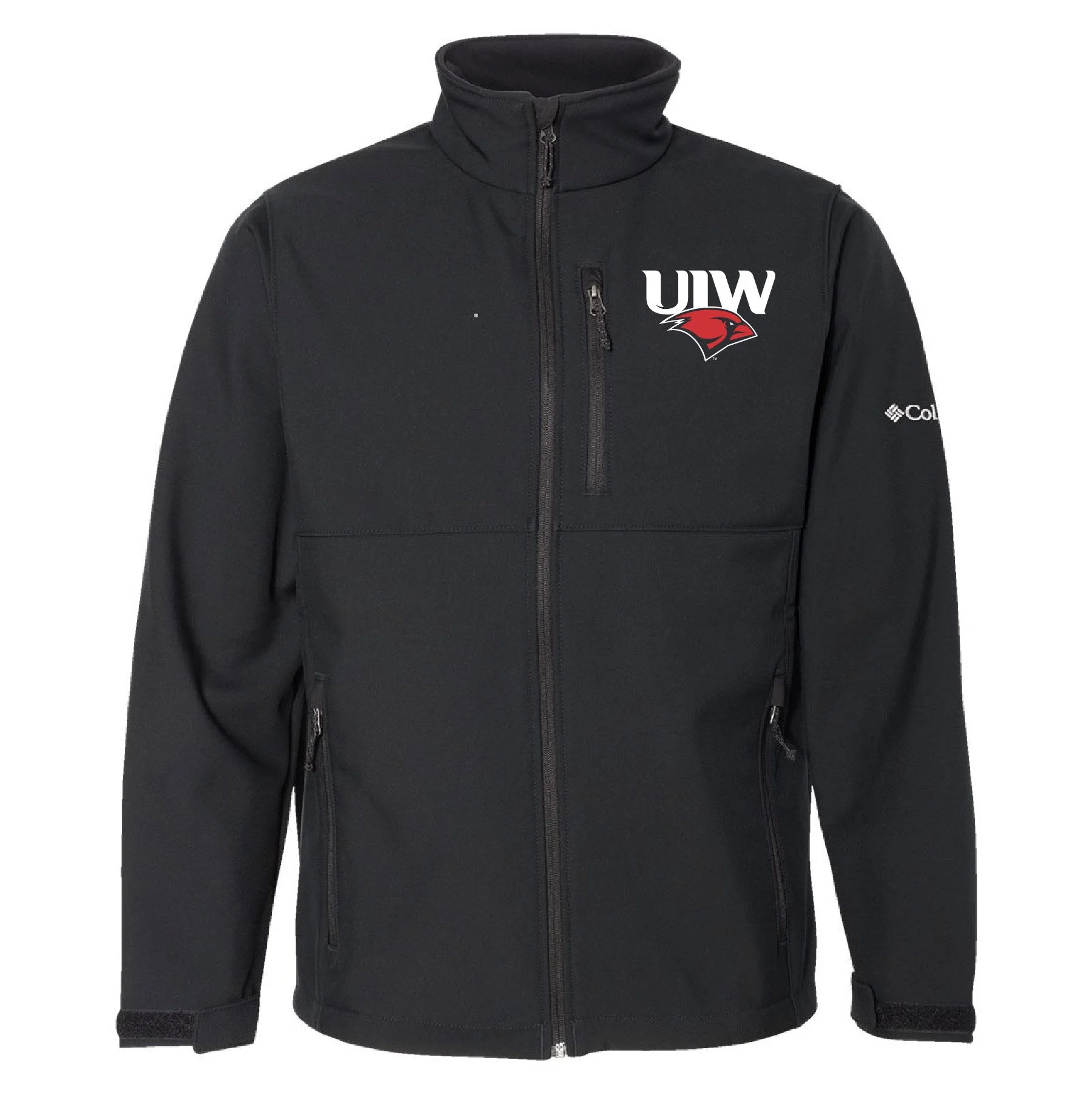 Black Columbia jacket with zippered pockets, logo of UW and a red and black bird on the chest, and Columbia logo on the sleeve.