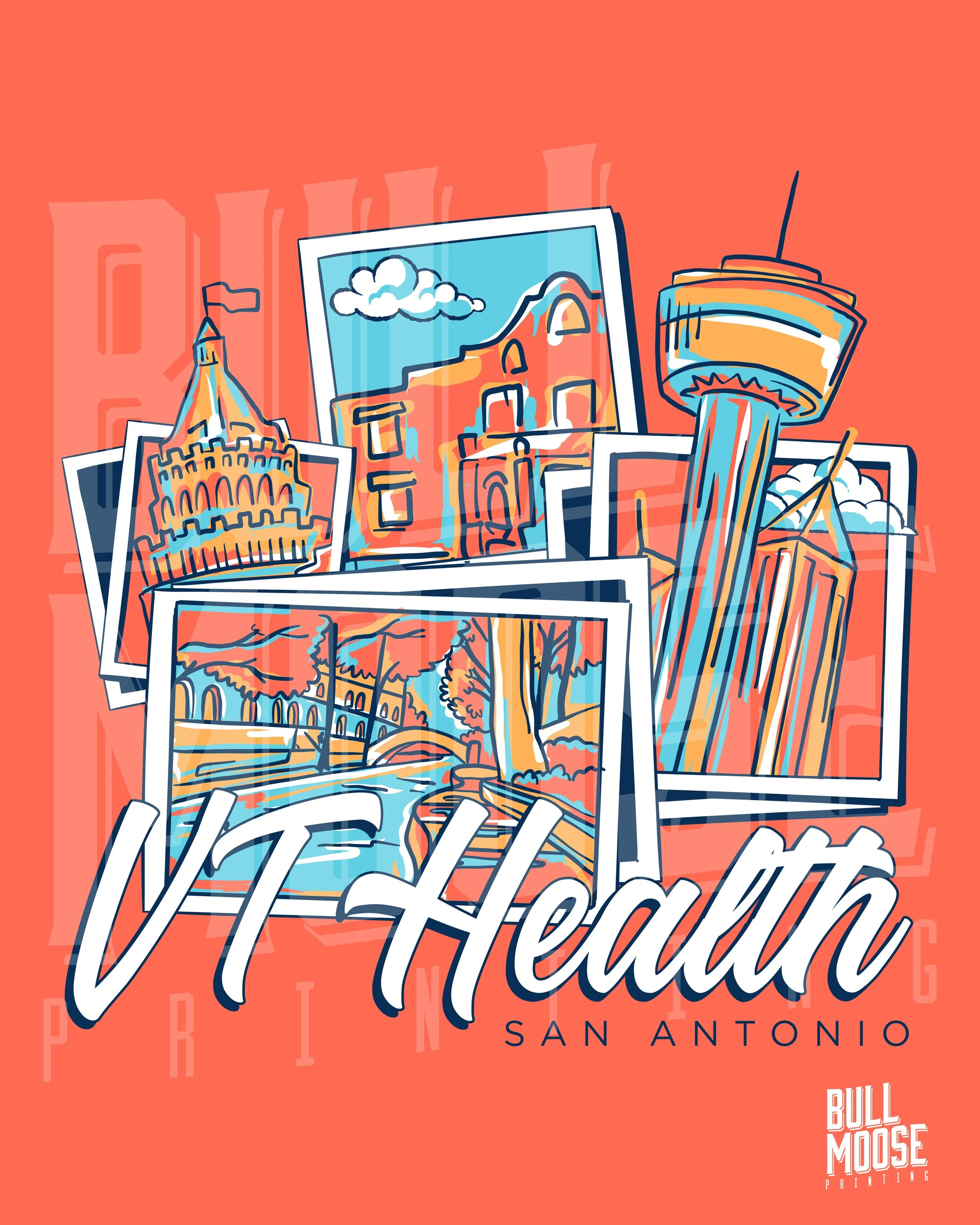 Colorful illustrated collage of San Antonio landmarks, including the Alamo and Tower of the Americas, with the text 'In Heart San Antonio' and 'Bull Moose Printing'.