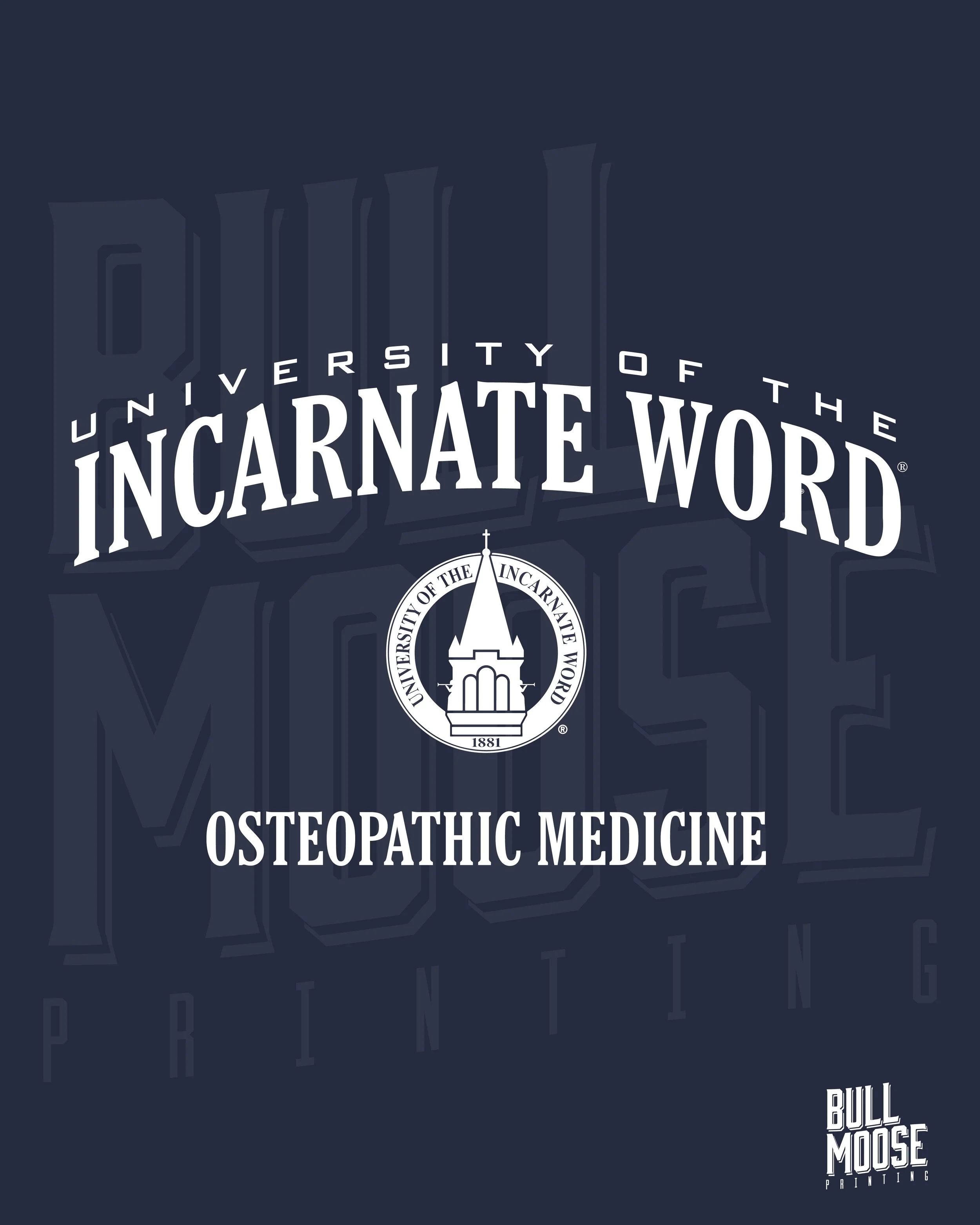 Design for a university program in osteopathic medicine, part of the University of the Incarnate Word, featuring a church steeple logo and the words 'University of the Incarnate Word' and 'Osteopathic Medicine' in a stylized font, with a dark backgro