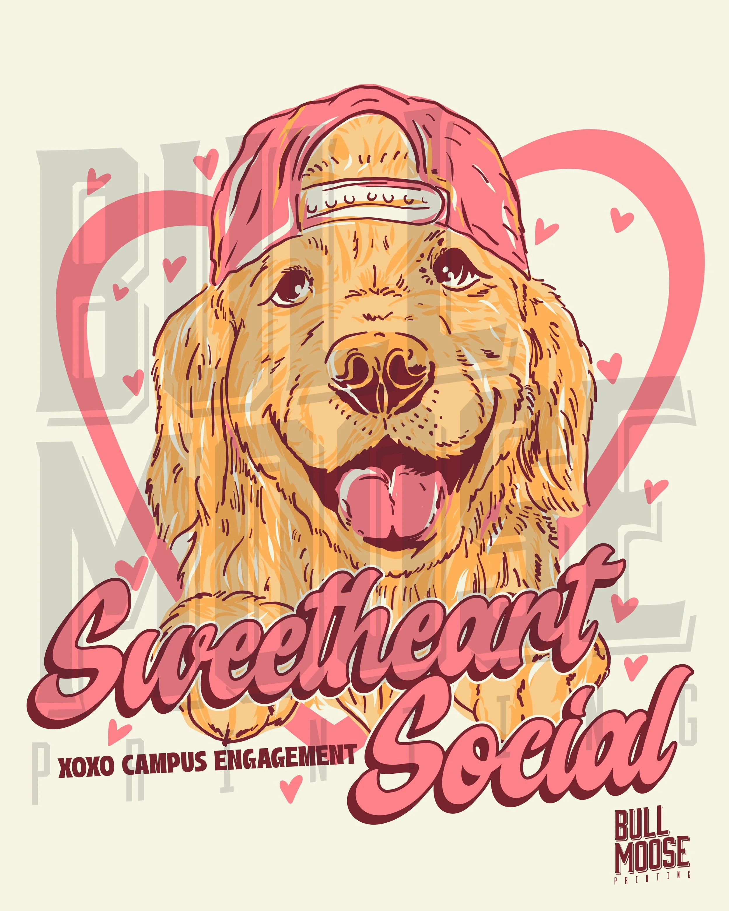 Illustration of a golden retriever dog wearing a pink cap backward, with the words 'Sweetheart Social' and 'Xoxo Campus Engagement' in pink and red text, surrounded by small pink hearts.