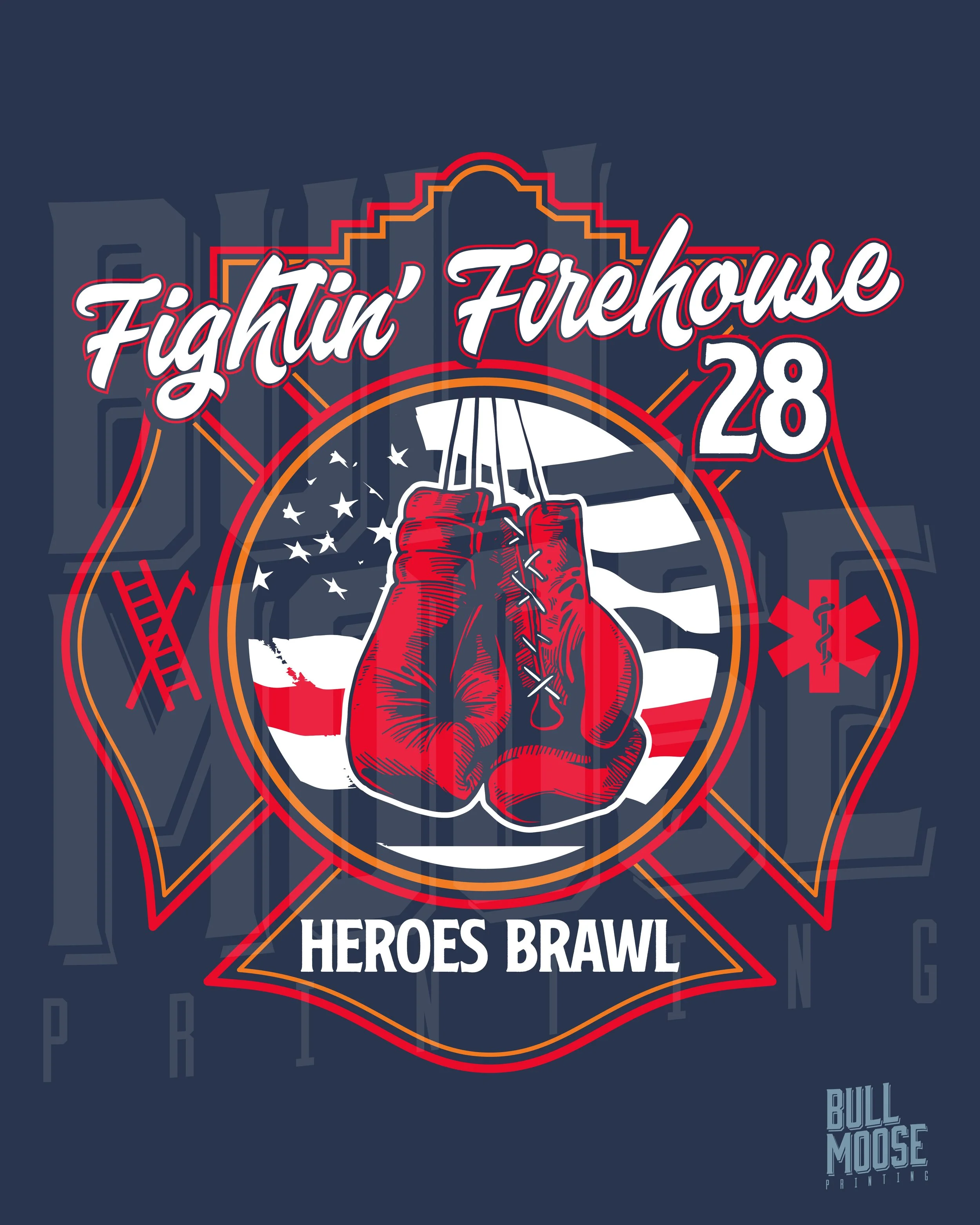 Graphic design featuring red boxing gloves hanging from a hook, American flags in the background, and text "Fightin' Firehouse 28 Heroes Brawl."