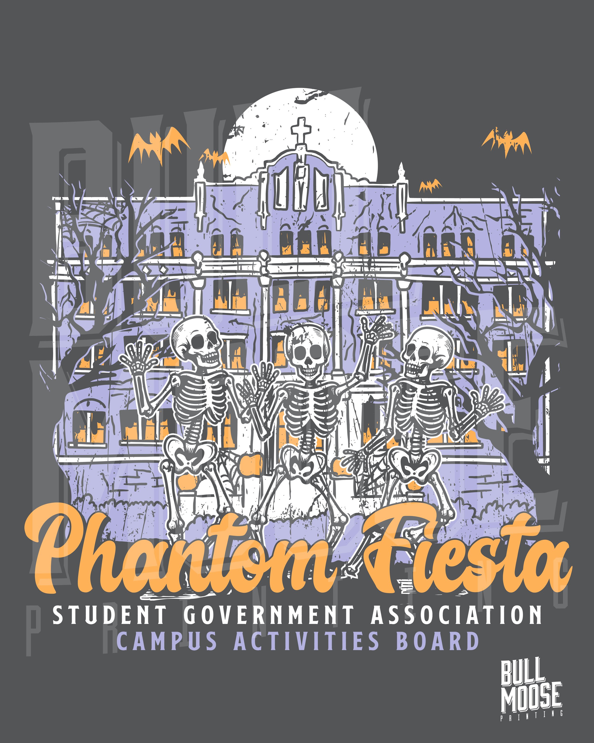 A spooky haunted house with orange windows and leafless trees, three skeletons dancing in front, bats flying in the sky, full moon in the background, and the text "Phantom Festa" with additional details about the event.