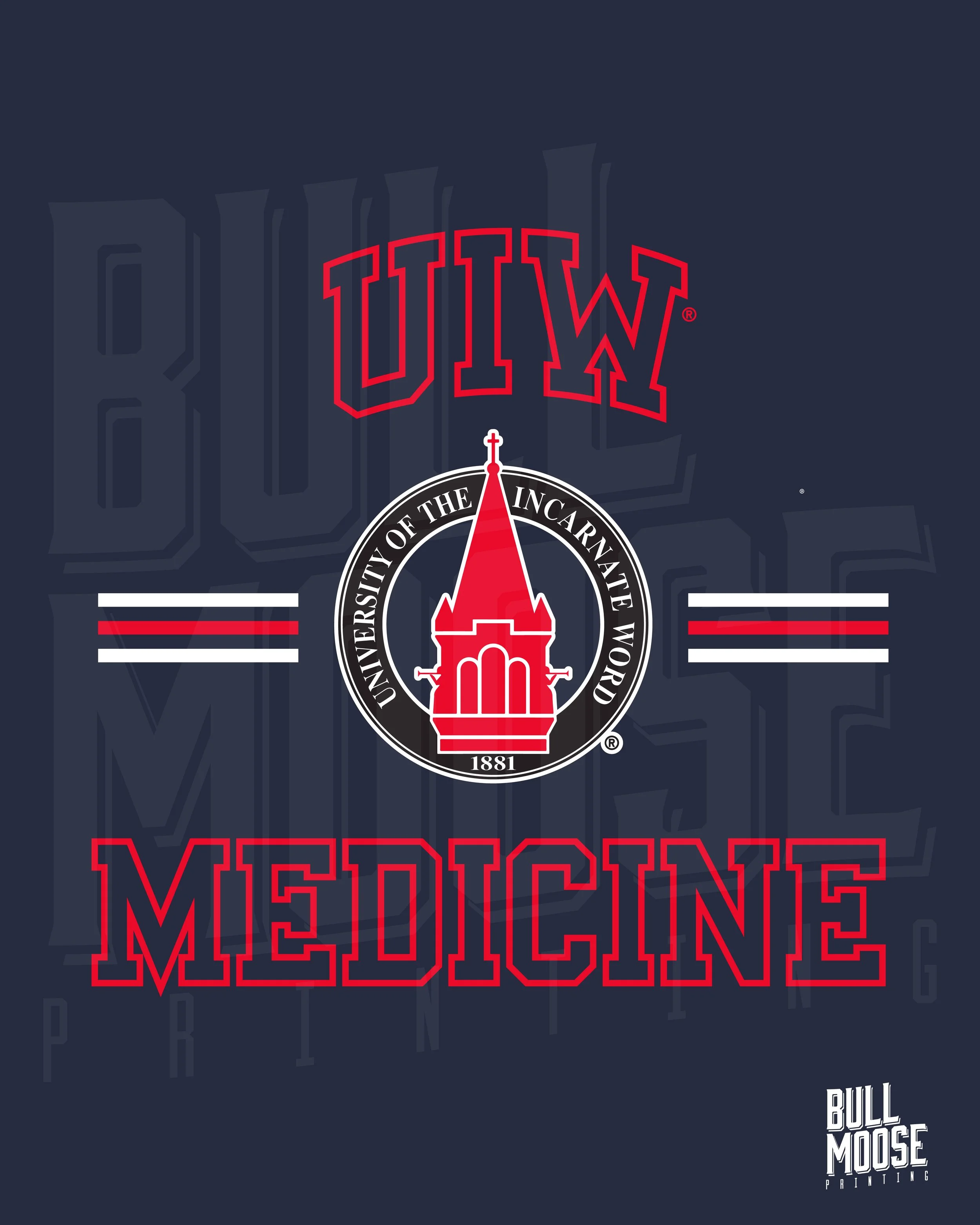 Graphic design featuring the University of the Incarnate Word logo with the words 'UIW' and 'Medicine' in red and outlined letters, and a stylized illustration of a red church tower. The background is dark with faint, large letters spelling 'UIW.'