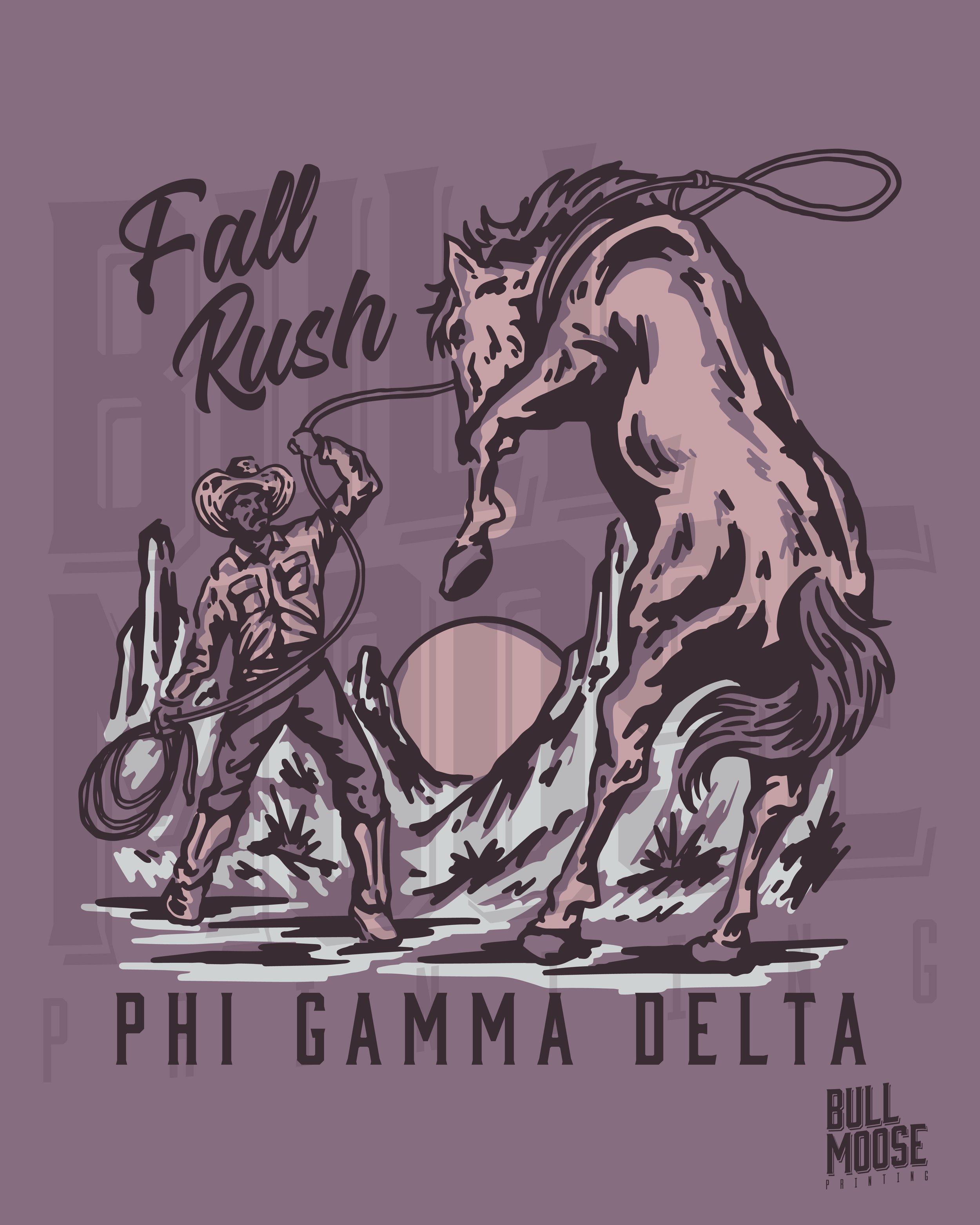 Illustration of a cowboy wearing a hat and holding a lasso, facing a rearing horse during fall, with the text "Fall Rush" and "Phi Gamma Delta."