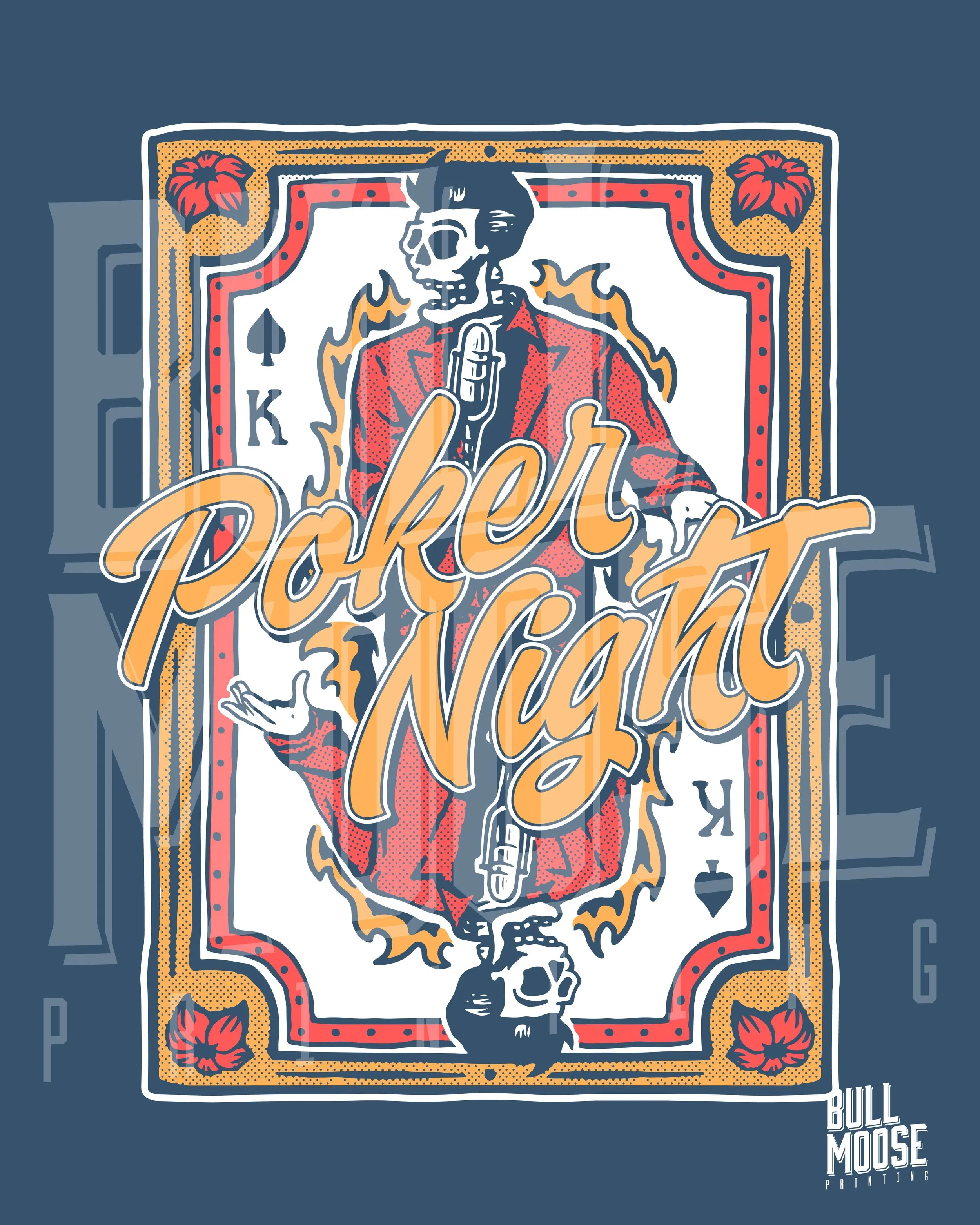 A stylized playing card design featuring a skeleton dressed in a red jacket holding a microphone, with flames and bold text that says "Poker Went." The card has a classic appearance with spade symbols and the letters "P" and "K", surrounded by decora