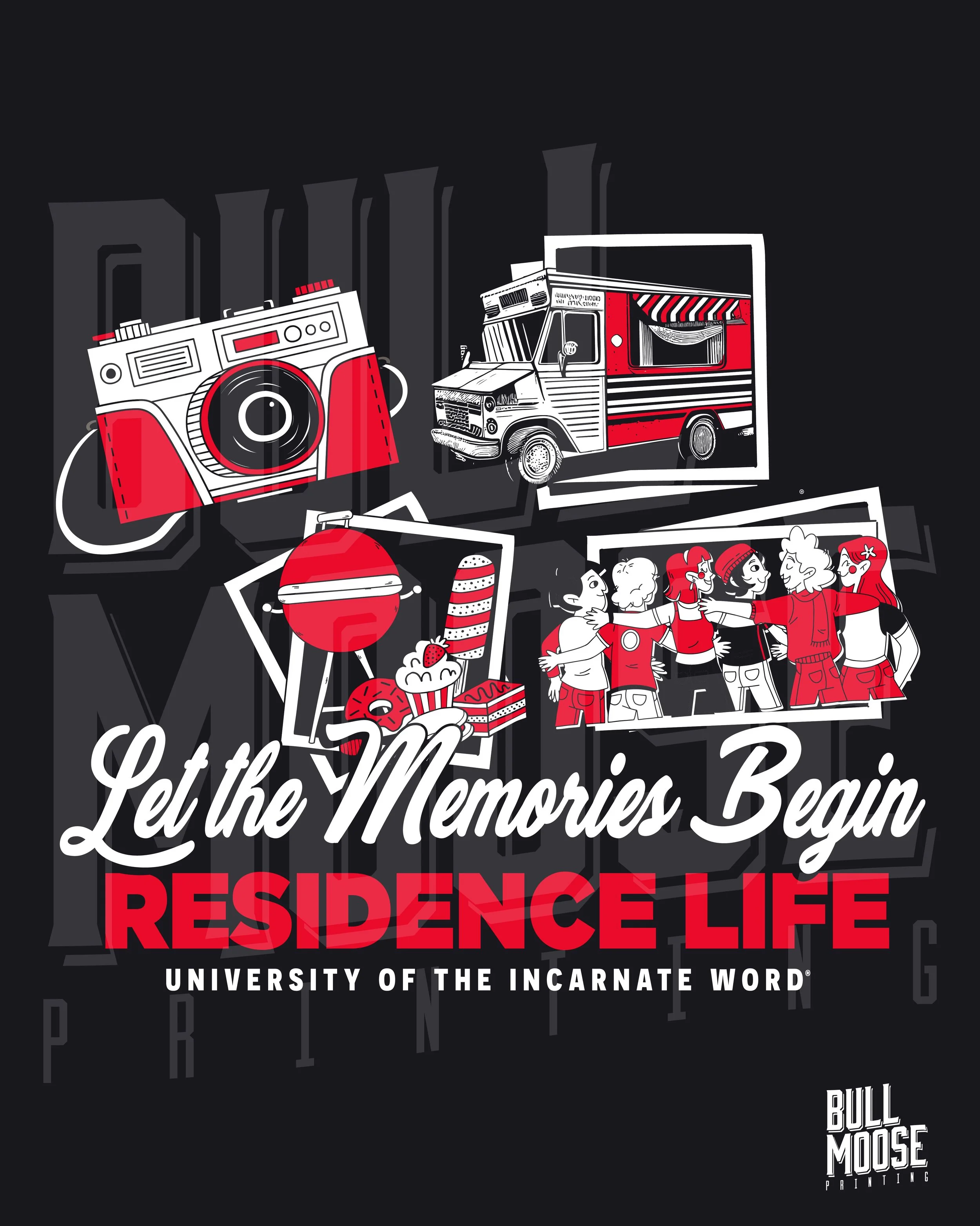 Graphic design with illustrations of a camera, food truck, friends hugging, and a group of friends celebrating, with the text "Let the Memories Begin Residence Life University of the Incarnate Word."