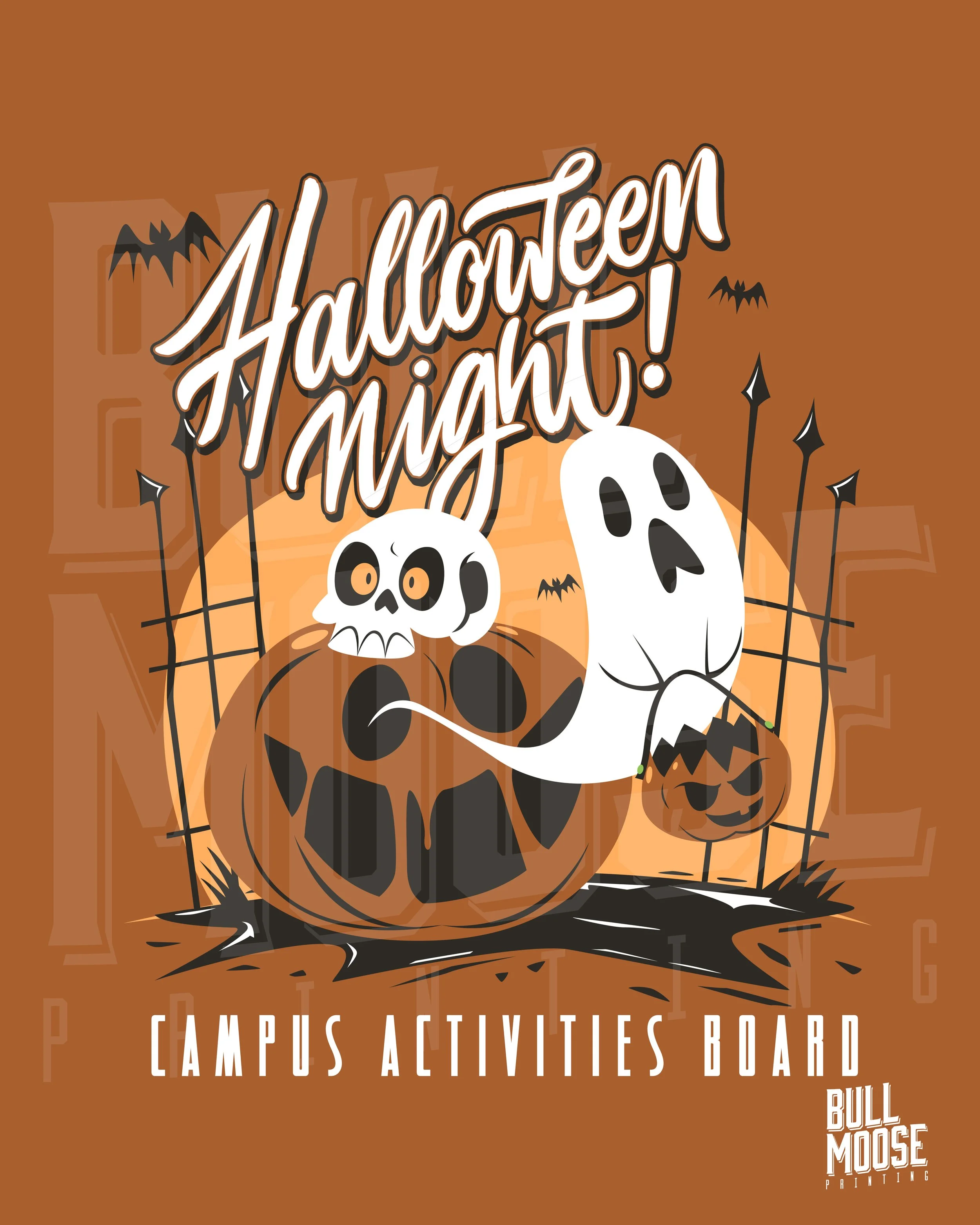 A Halloween-themed graphic with cartoon ghosts, a skull, and a pumpkin, featuring the text 'Hallowe'en Night!' and 'Campus Activities Board,' created by Bull Moose Printing.