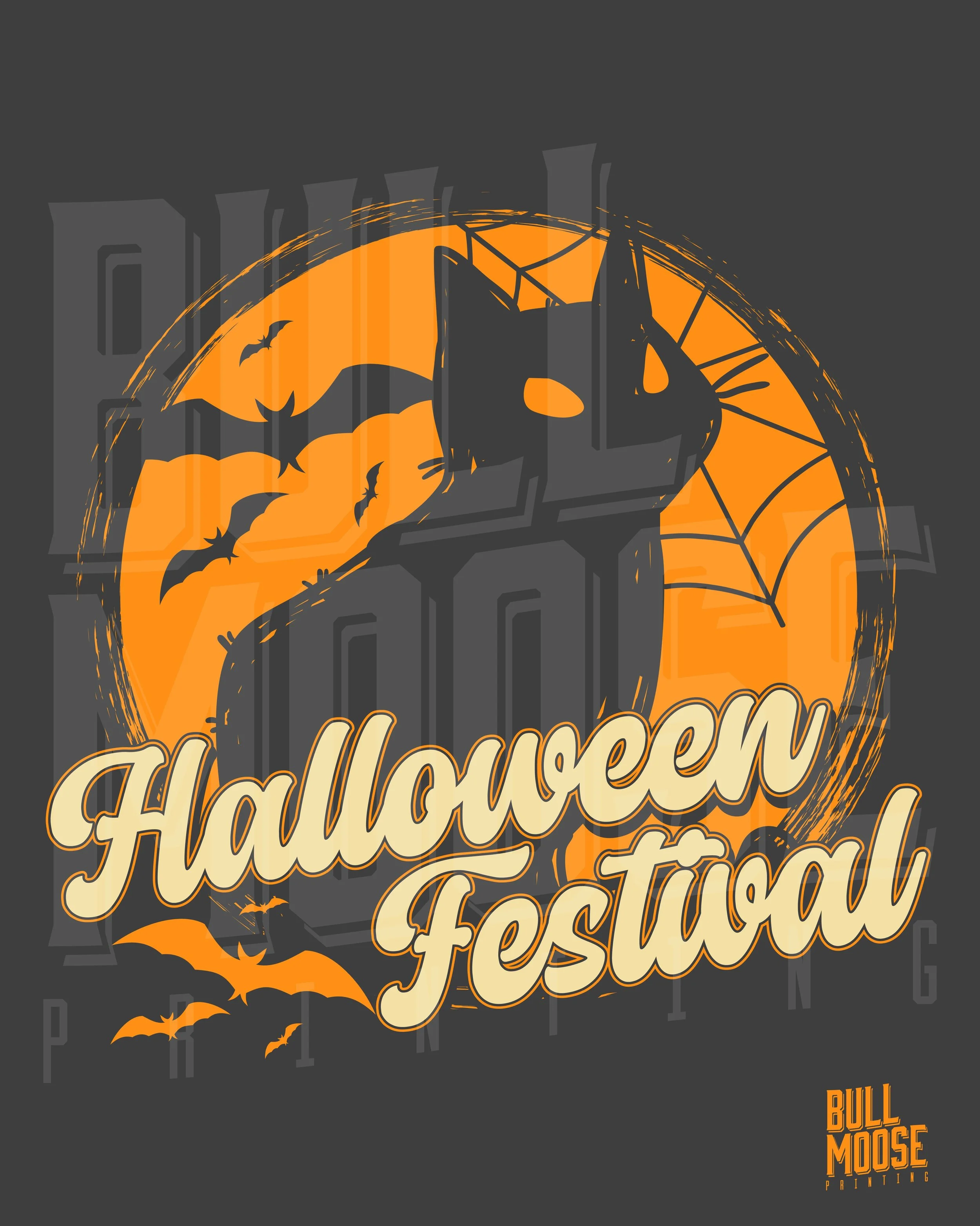 Halloween festival poster featuring a black cat with an arched back, orange moon, flying bats, spider web, and the text 'Halloween Festival' in cream-colored letters.