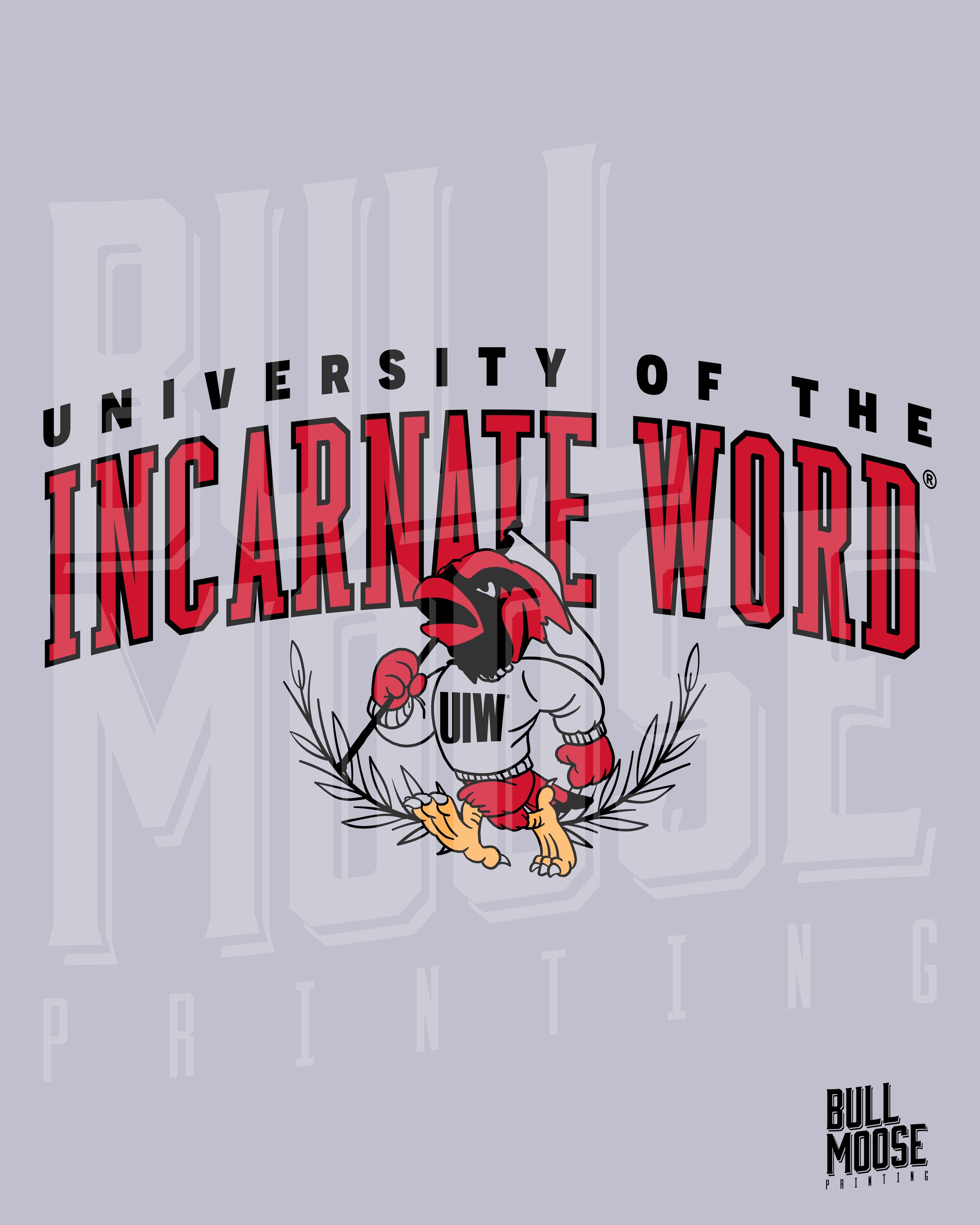 A graphic design with the text "University of the Incarnate Word" and a mascot of a fierce bird with a red head, black face, white sweater with "UIW" on it, red shorts, and muscular arms, standing on two claws and holding a stick, surrounded by laure