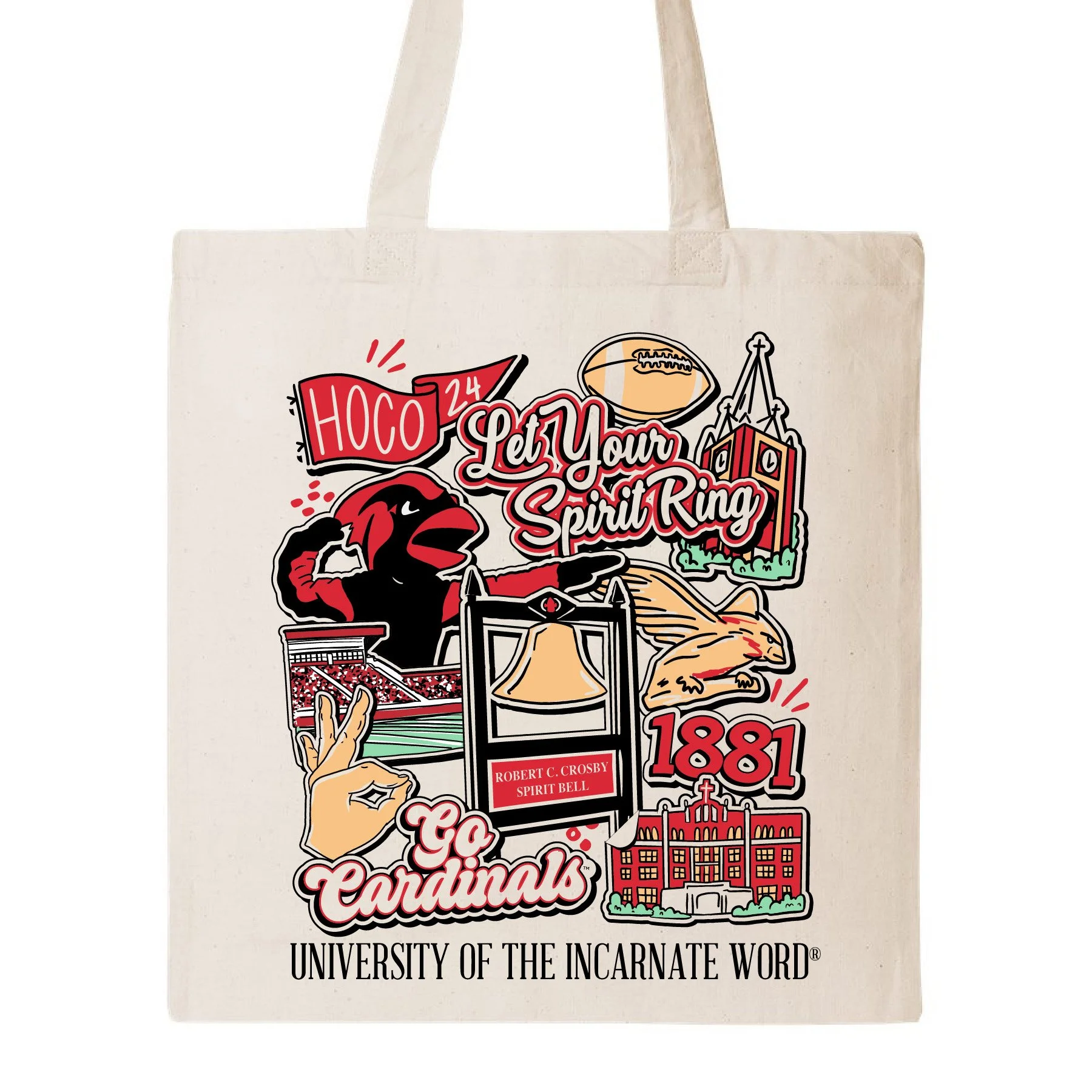 A tote bag featuring graphics and text related to St. Louis University, including a Cardinal bird mascot, a Spirit Bell, the Gateway Arch, and a football, with the phrases "Let Your Spirit Ring" and "Go Cardinals," and the year 1881.