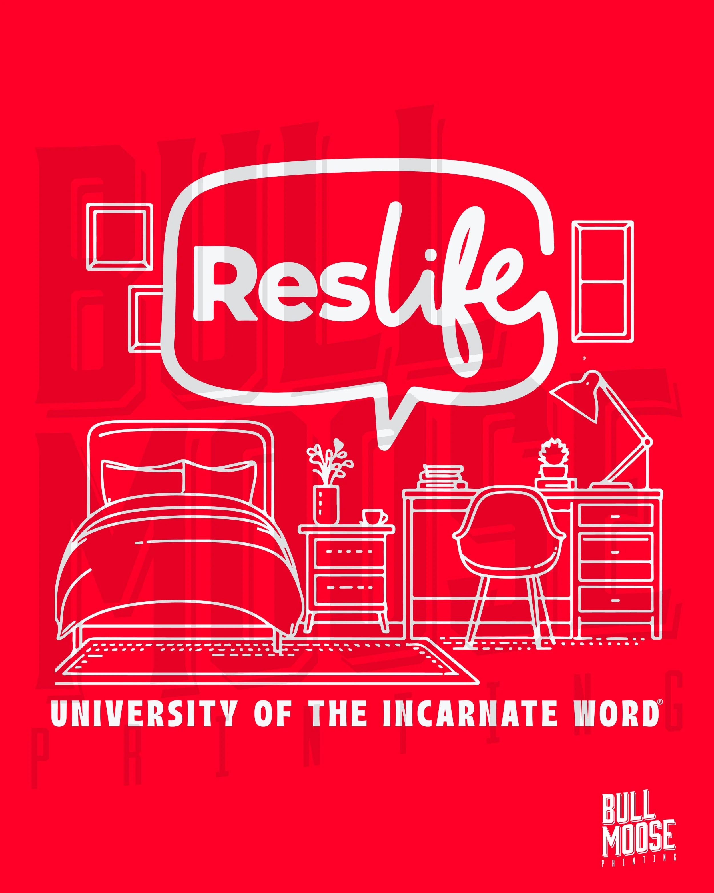 Red book cover with white line drawing of a bedroom, including a bed, nightstand, desk with a chair, and a lamp. Centered is a speech bubble with the word 'Reslify' in stylized text. Bottom text reads 'University of the Incarnate Word,' and bottom ri