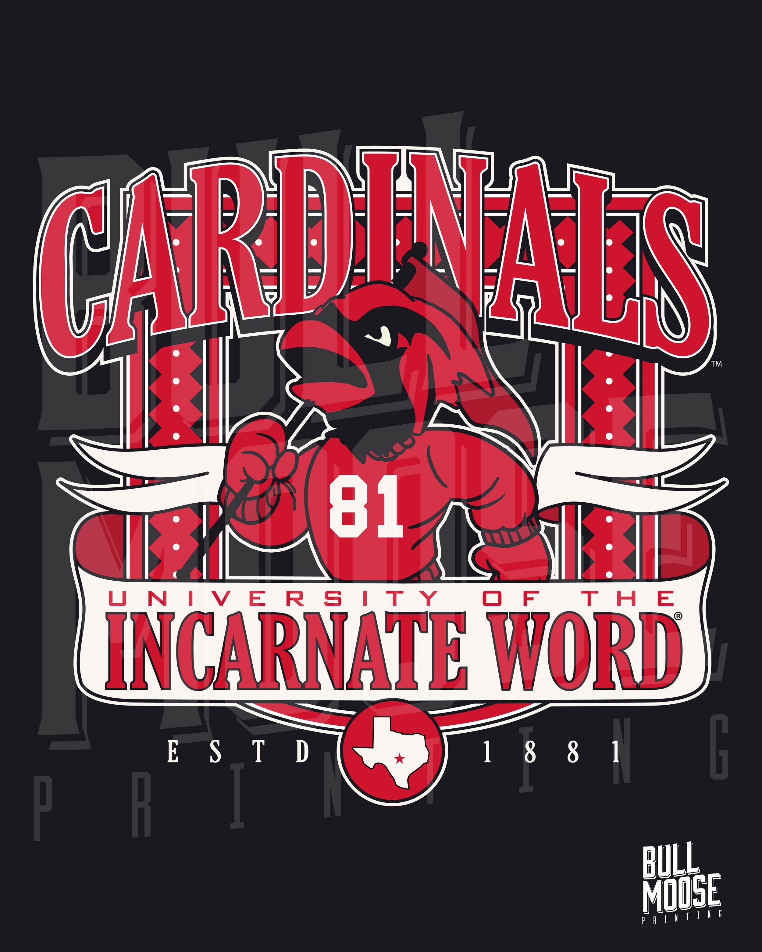 Cardinals mascot wearing a baseball jersey with the number 81, holding a baseball bat, with the text 'University of the Incarnate Word' and 'Est. 1881', and a Texas map logo.
