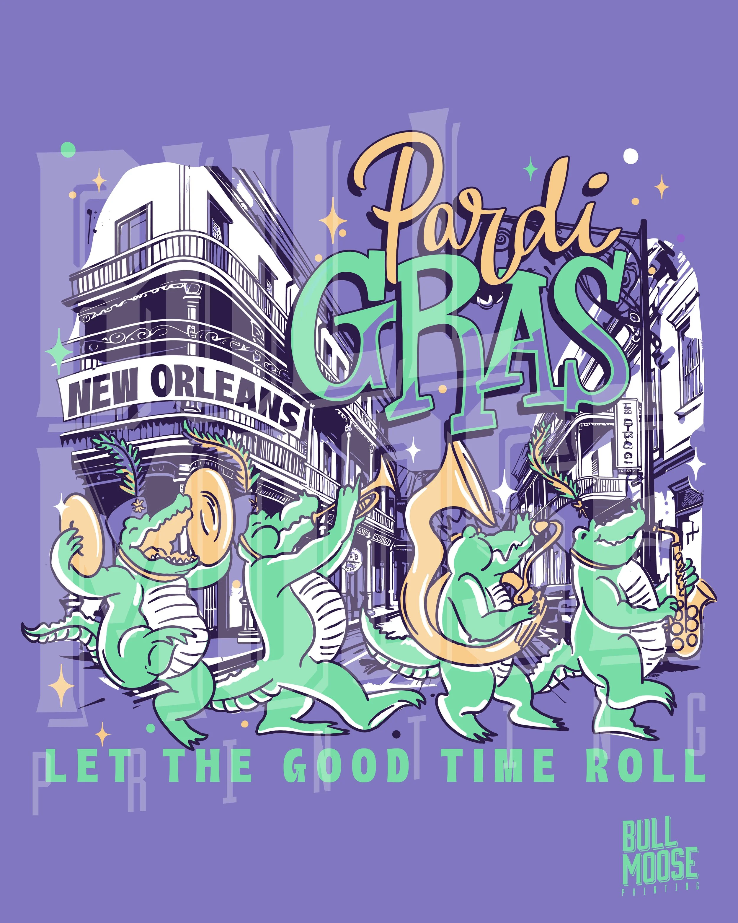 Colorful cartoon illustration of Mardi Gras characters in New Orleans, including a dragon, a crocodile, and a lizard playing musical instruments on a city street, with buildings and festive decorations in the background, and the text "Pardi Gras, Let