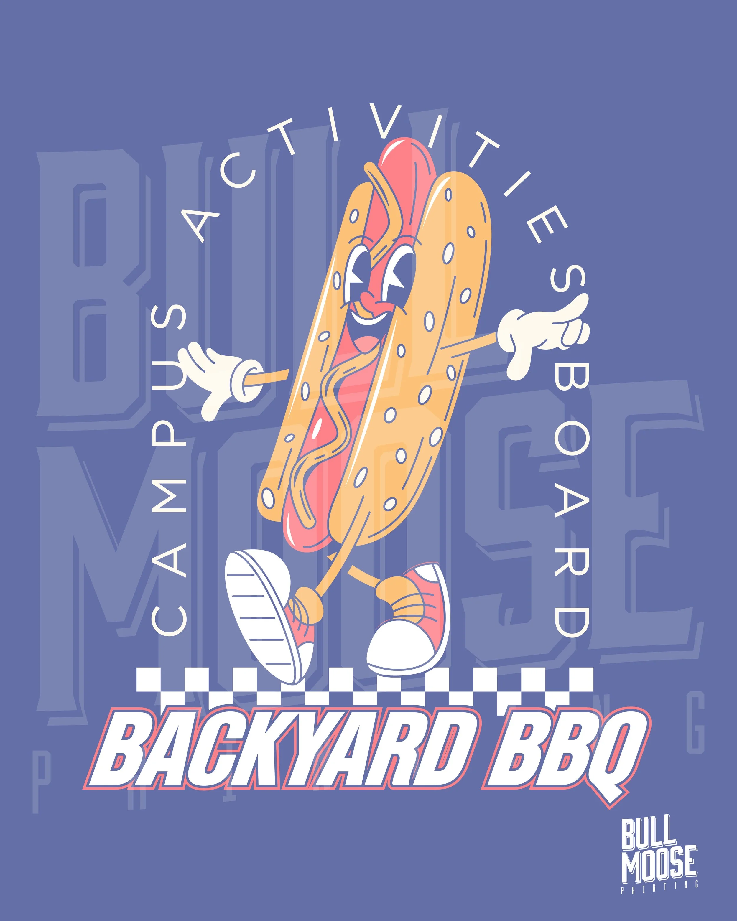 A cartoon hot dog character in sneakers and gloves, smiling and pointing, promoting backyard barbecue with text 'Backyard BBQ' and other barbecue-related phrases.