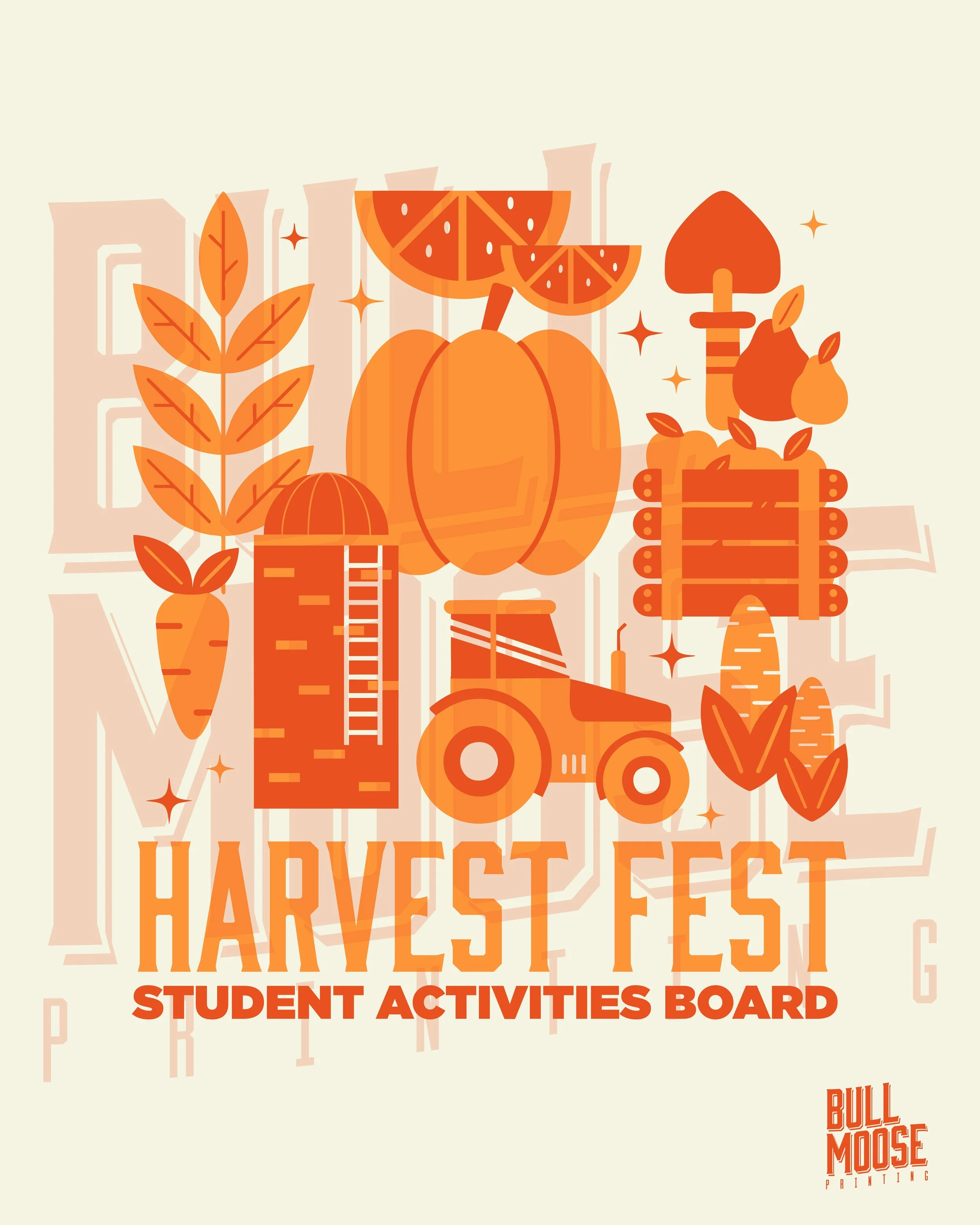 Illustration of harvest-related items in orange tones including a pumpkin, orange slices, a carrot, hay bales, a tractor, mushrooms, and leaves, with text 'Harvest Fest' and 'Student Activities Board'