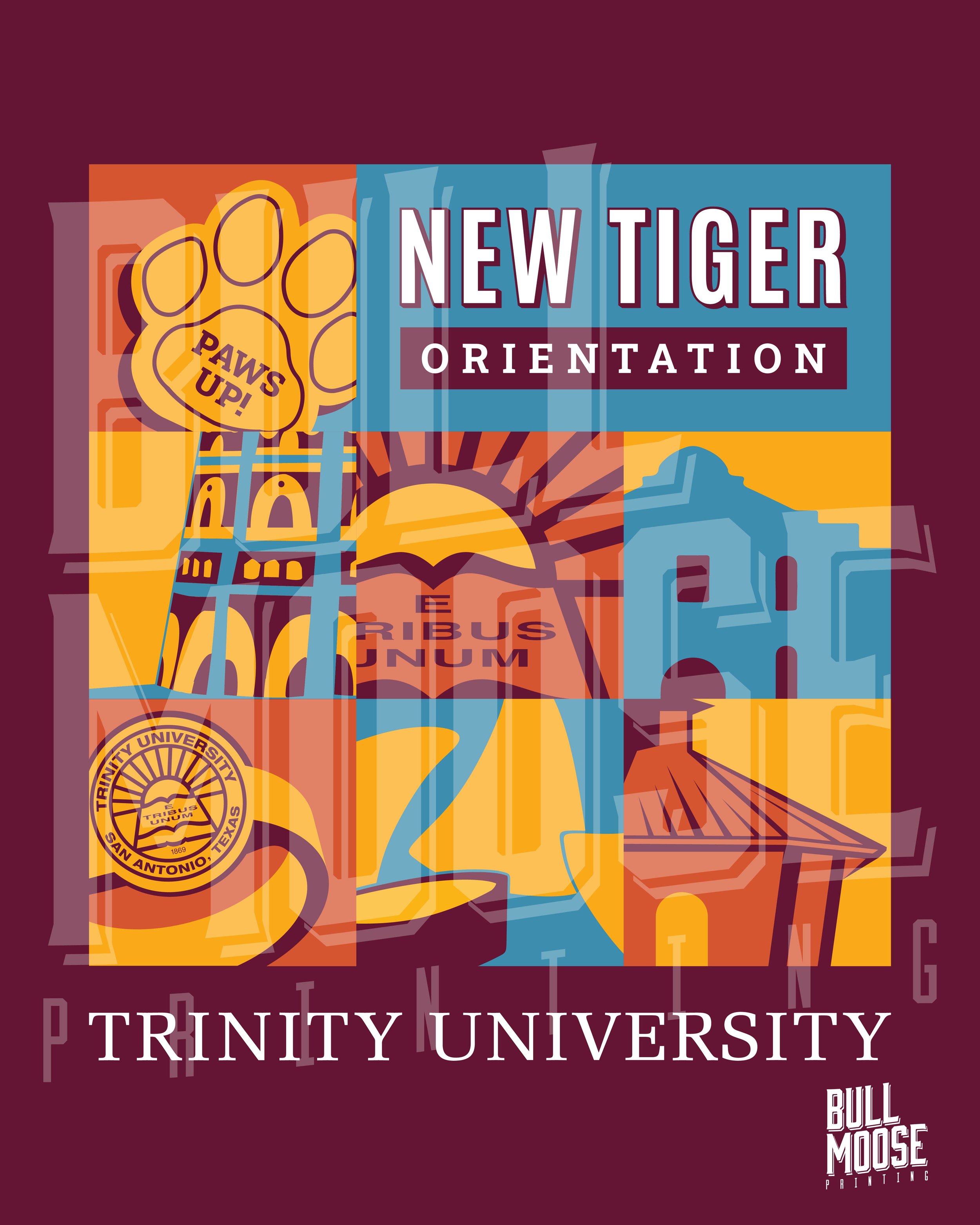 Colorful poster for Trinity University highlighting a new tiger orientation, featuring university seals and campus illustrations.