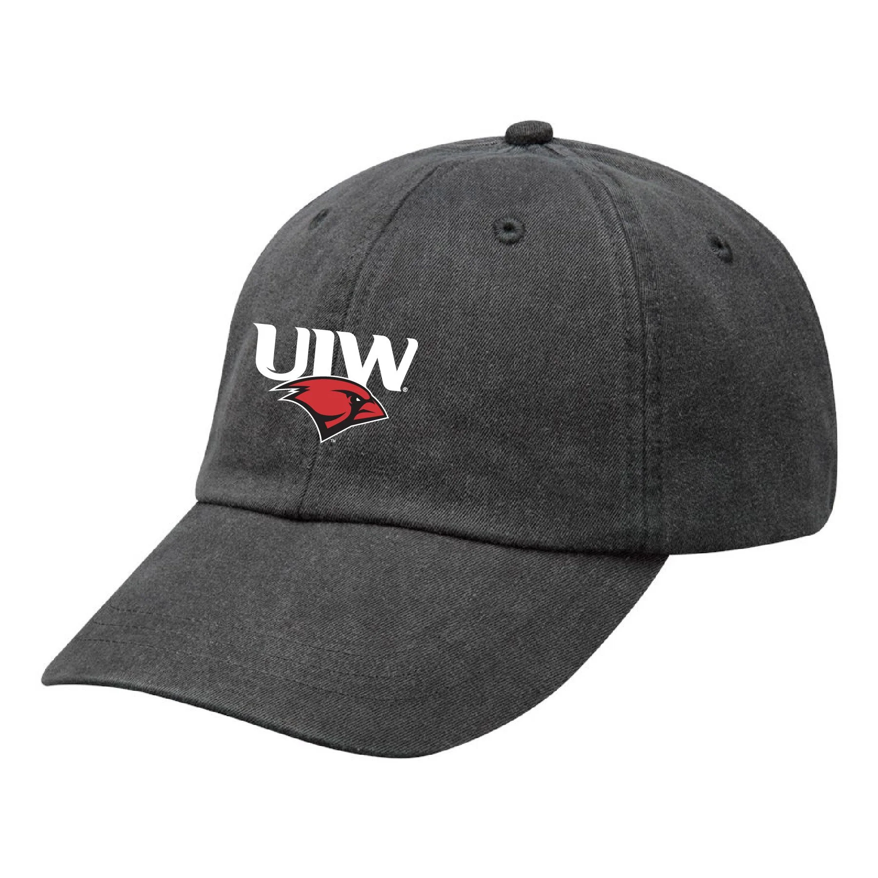 A dark gray baseball cap with the UINW logo and a red cardinal head emblem on the front.