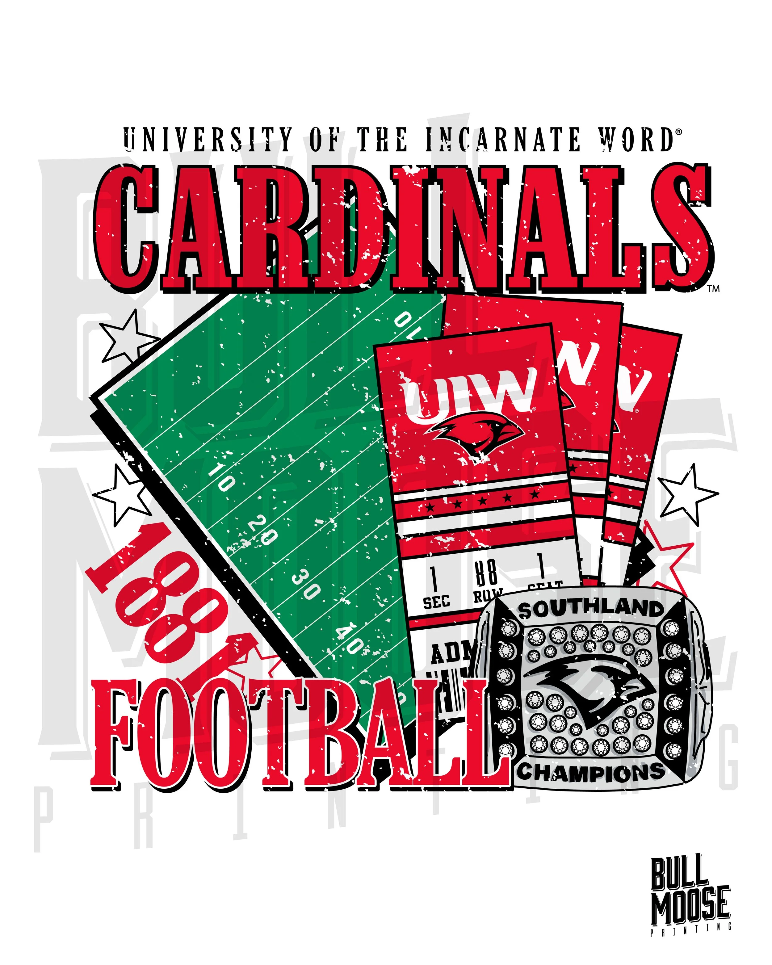 Graphic design with football, tickets, and team logos for University of the Incarnate Word Cardinals, featuring football field, tickets, and a championship belt.