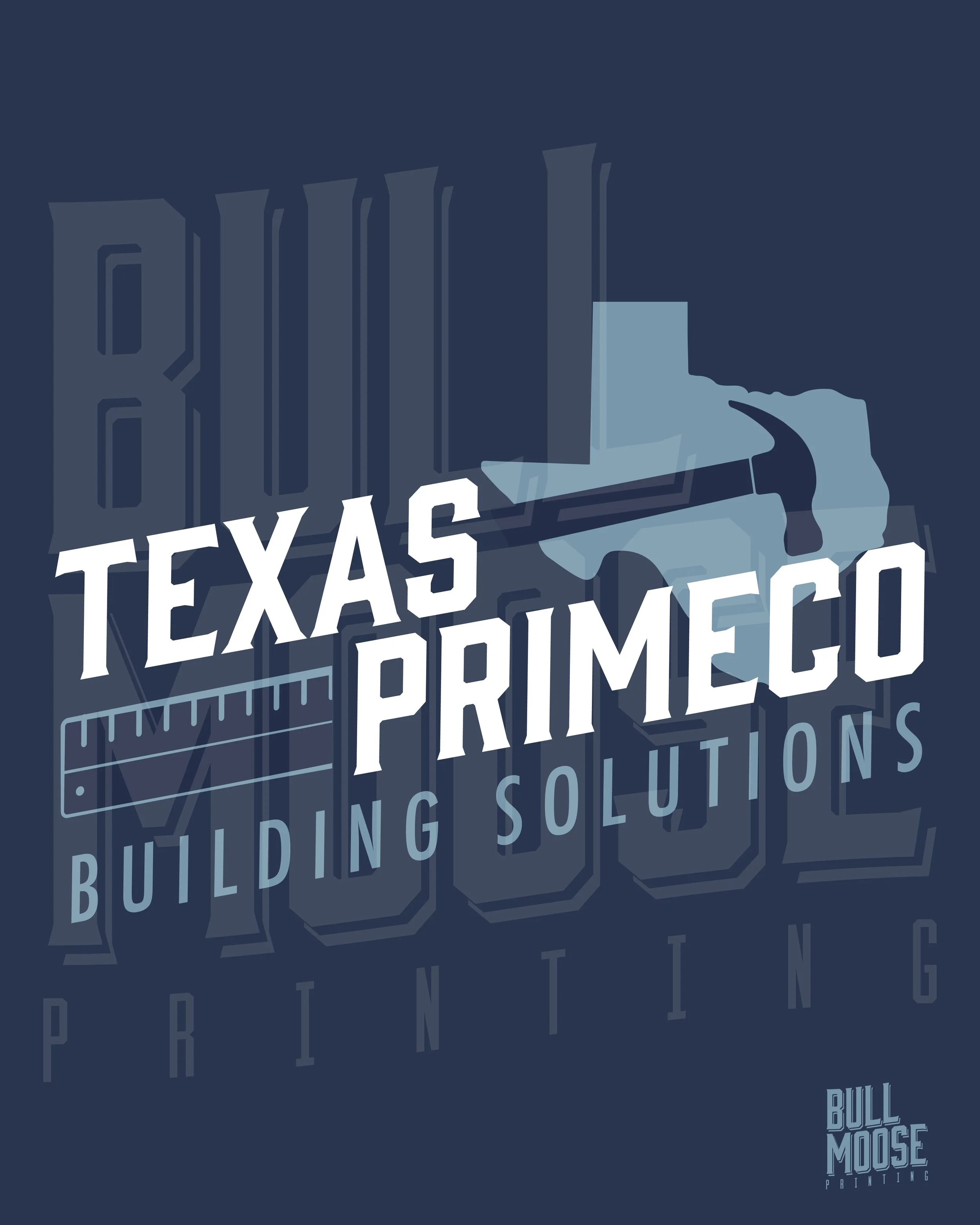 Logo for Texas Primeco Building Solutions featuring a stylized building, a tape measure, and a car, with text overlay.