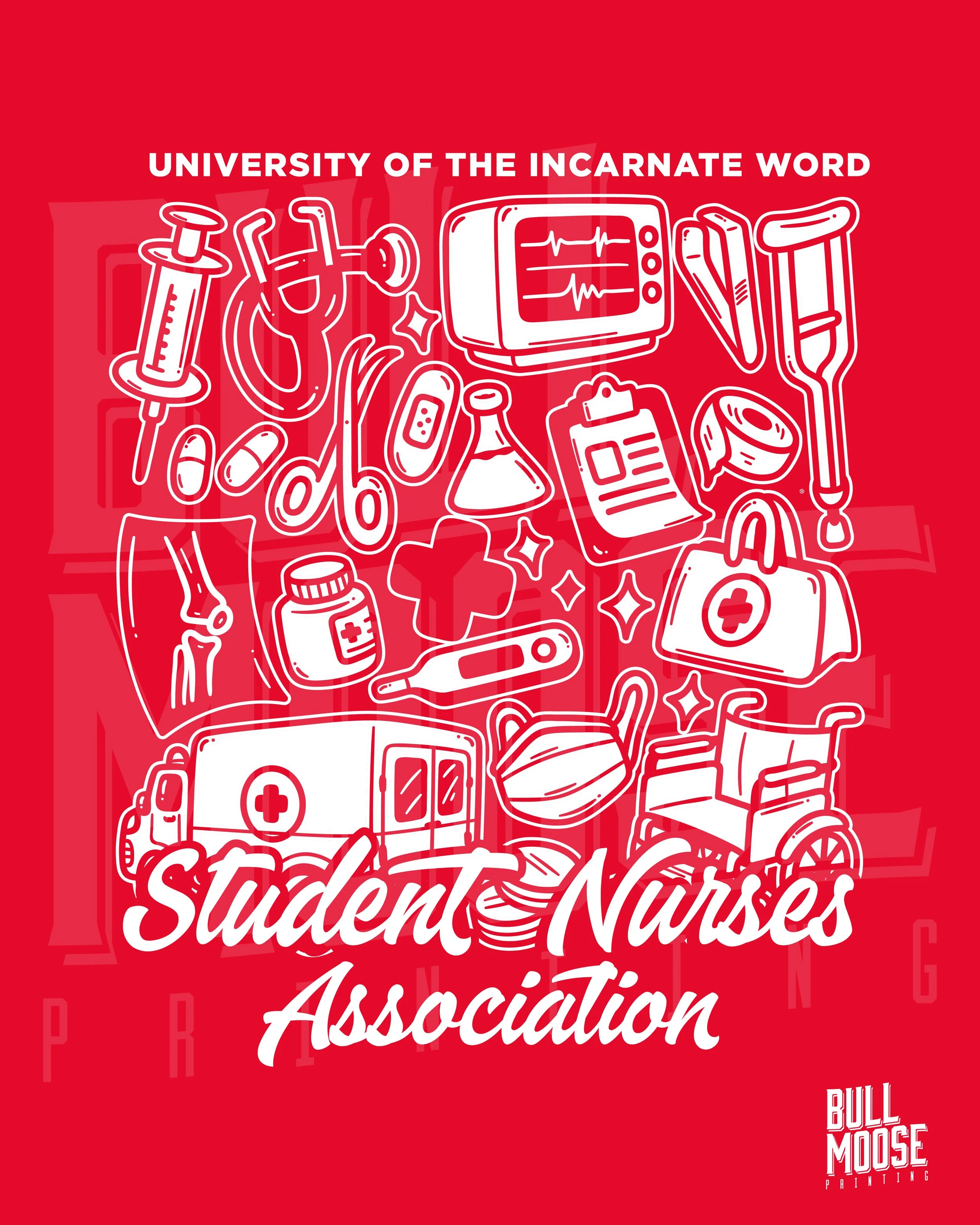 Red background poster with white medical icons, including a syringe, stethoscope, syringe, pills, test tube, clipboard, mask, wheelchair, ambulance, and other medical equipment. Text at the top reads "University of the Incarnate Word Student Nurses A