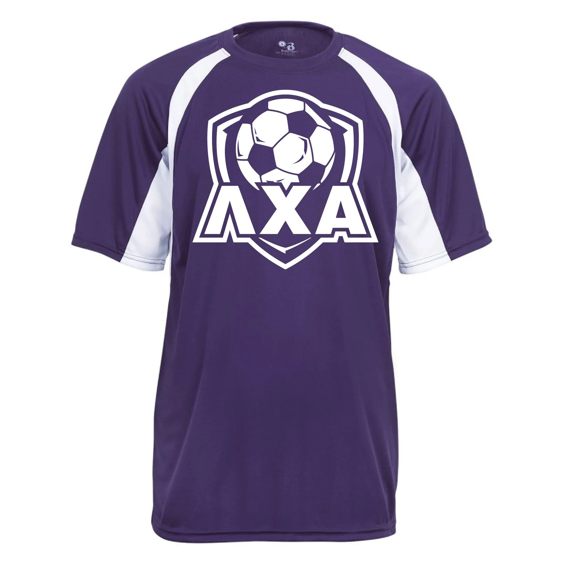 Purple sports jersey with white sleeves displaying a soccer ball and Greek letters 'ΛΧΑ' on the front.