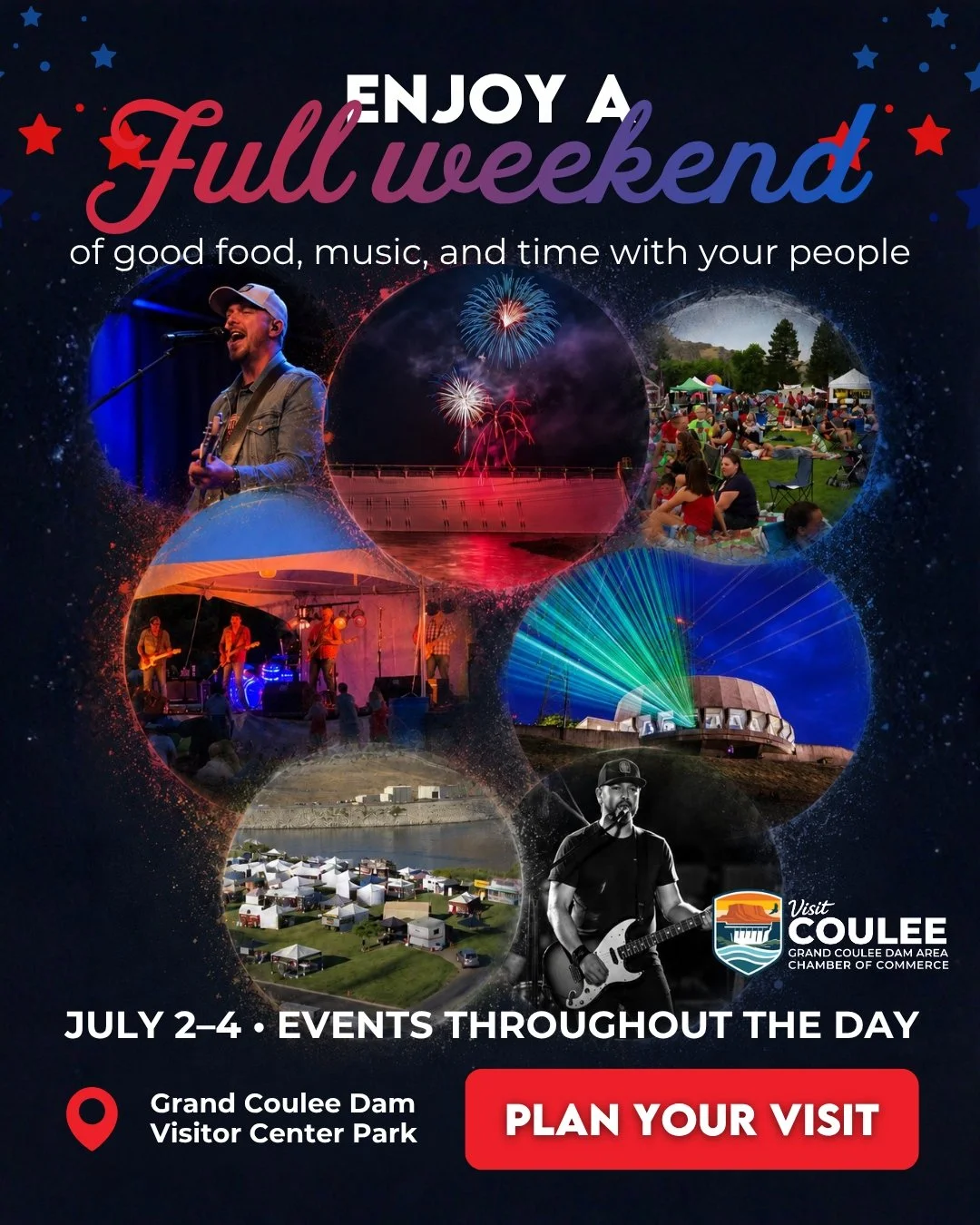 A promotional poster for a weekend event at Grand Coulee Dam featuring fireworks, live music, outdoor festival activities, laser light shows, and a large camping area, scheduled for July 2-4.