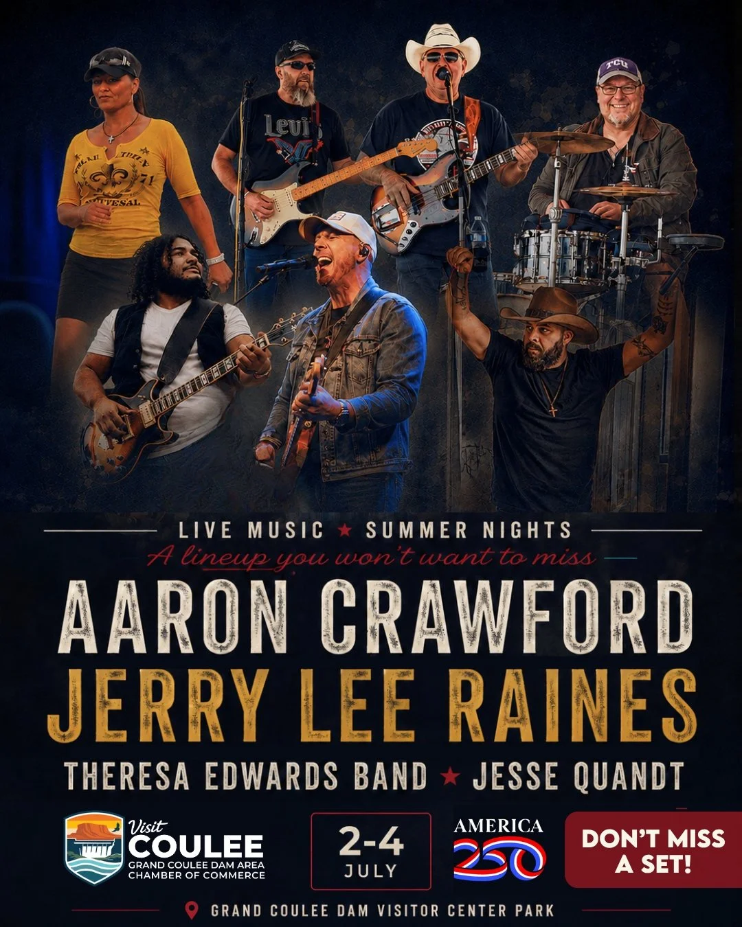 Promotional poster for live music summer nights featuring musicians Aaron Crawford, Jerry Lee Raines, Theresa Edwards Band, Jesse Quandt at Grand Coulee Dam Visitor Center Park from July 2 to 4, with a photo of the band performing on stage.