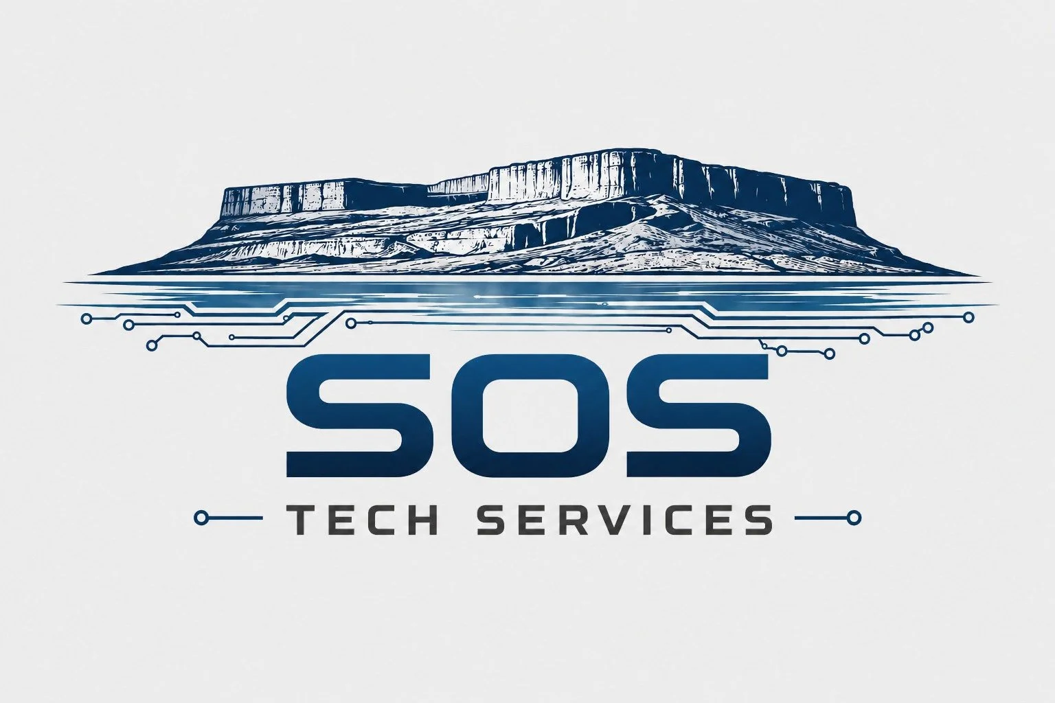Logo with mountain illustration, circuit-like lines, and text reading 'SOS Tech Services'.