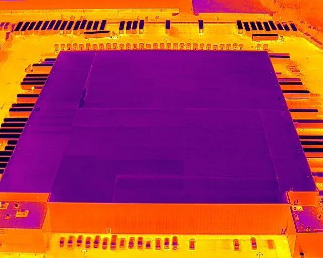 Thermal image of a large industrial building with surrounding parking areas and vehicles visible in different heat signatures.