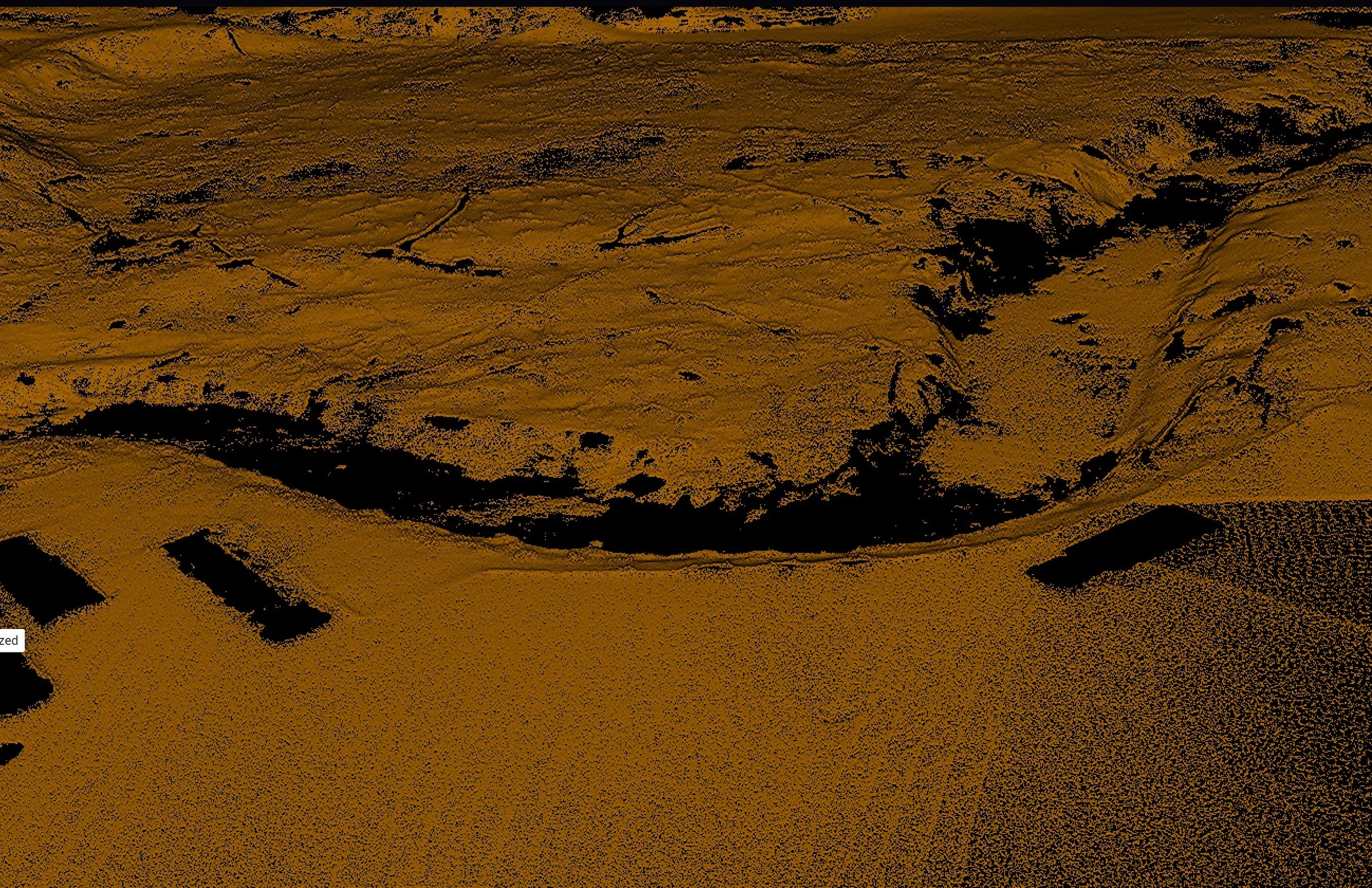 LiDAR point cloud terrain model with elevation data, featuring ridges, valleys, and contours in orange and black.