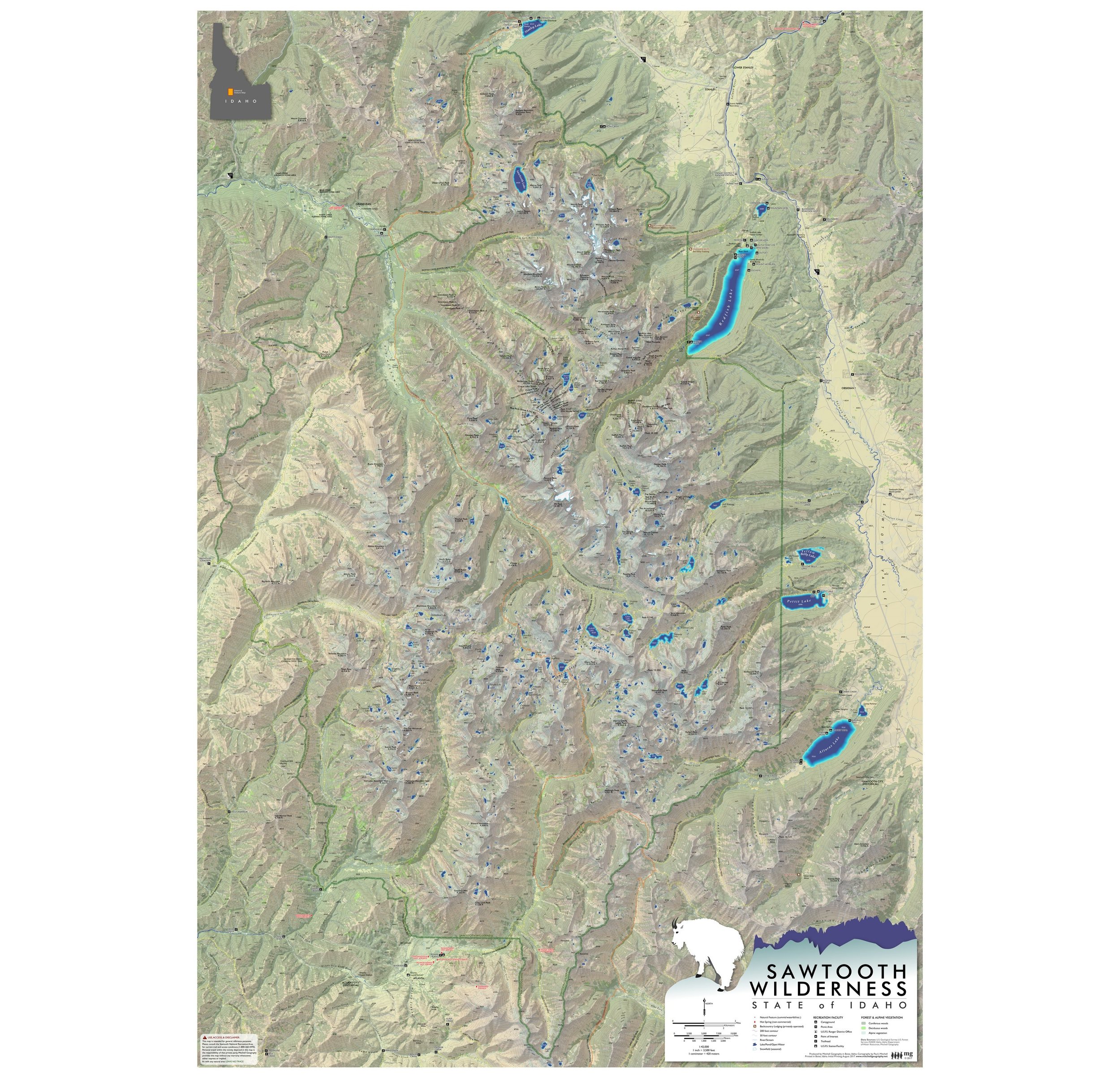 Sawtooth Mountains Idaho Wilderness Area Map Large Format Idaho Art