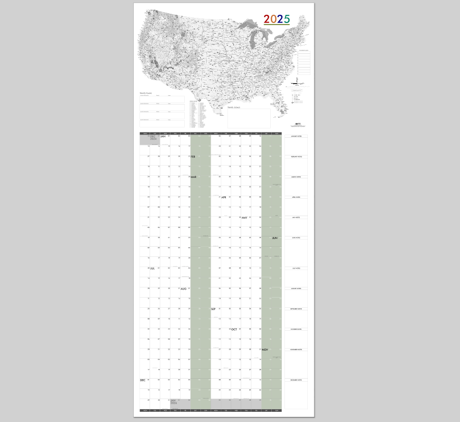 PRINTABLE YEAR 2025 28" x 64" All-In-One Map Calendar - aligned weekends - Digital PDF Instant Download