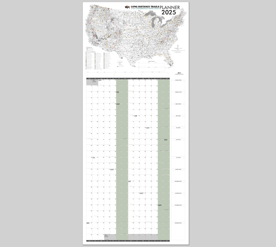 PRINTABLE YEAR 2025 28" x 64" LONG DISTANCE TRAILS All-In-One Map Calendar - aligned weekends - Digital PDF Instant Download