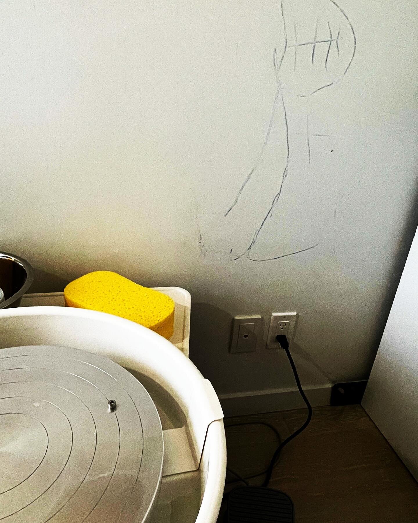 When my home studio used to be a second bedroom, my grandson drew on the wall. I&rsquo;ve kept it there by my wheel to remind me to have fun and be playful when I create (〇&acute;◡`〇) 

I kinda want to trace over it to make it darker. Maybe I should 