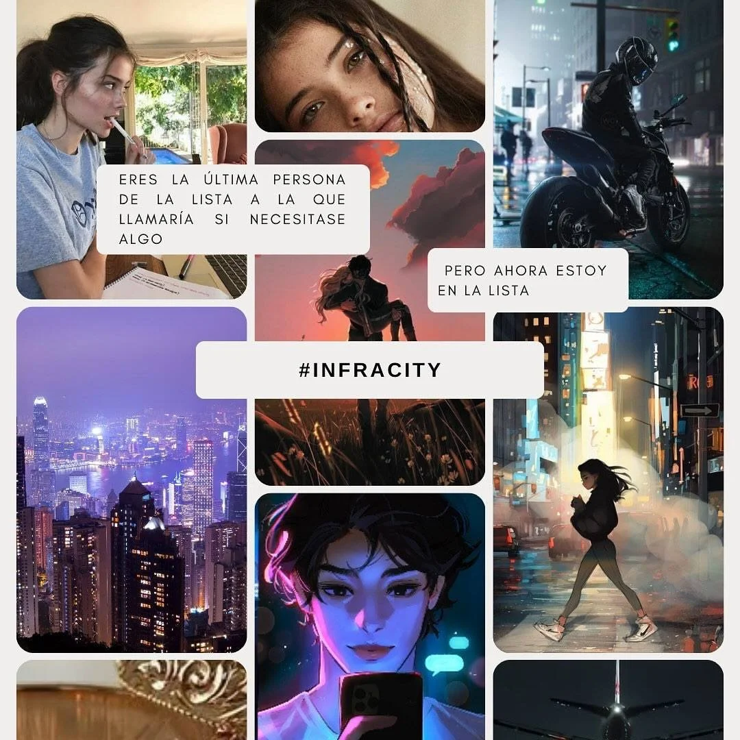 Collage de varias fotos de personas, ciudades y escenas urbanas con citas en español y el hashtag #INFRACITY.