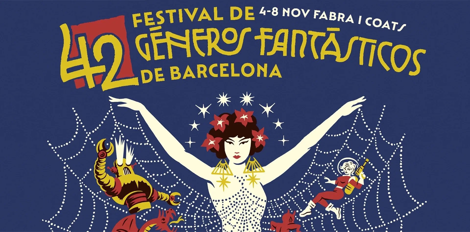 Cartel del festival de generos fantásticos en Barcelona, del 4 al 8 de noviembre, con una ilustración de una mujer con cabello decorado con flores y detalles mágicos, rodeada de criaturas fantásticas y telarañas.