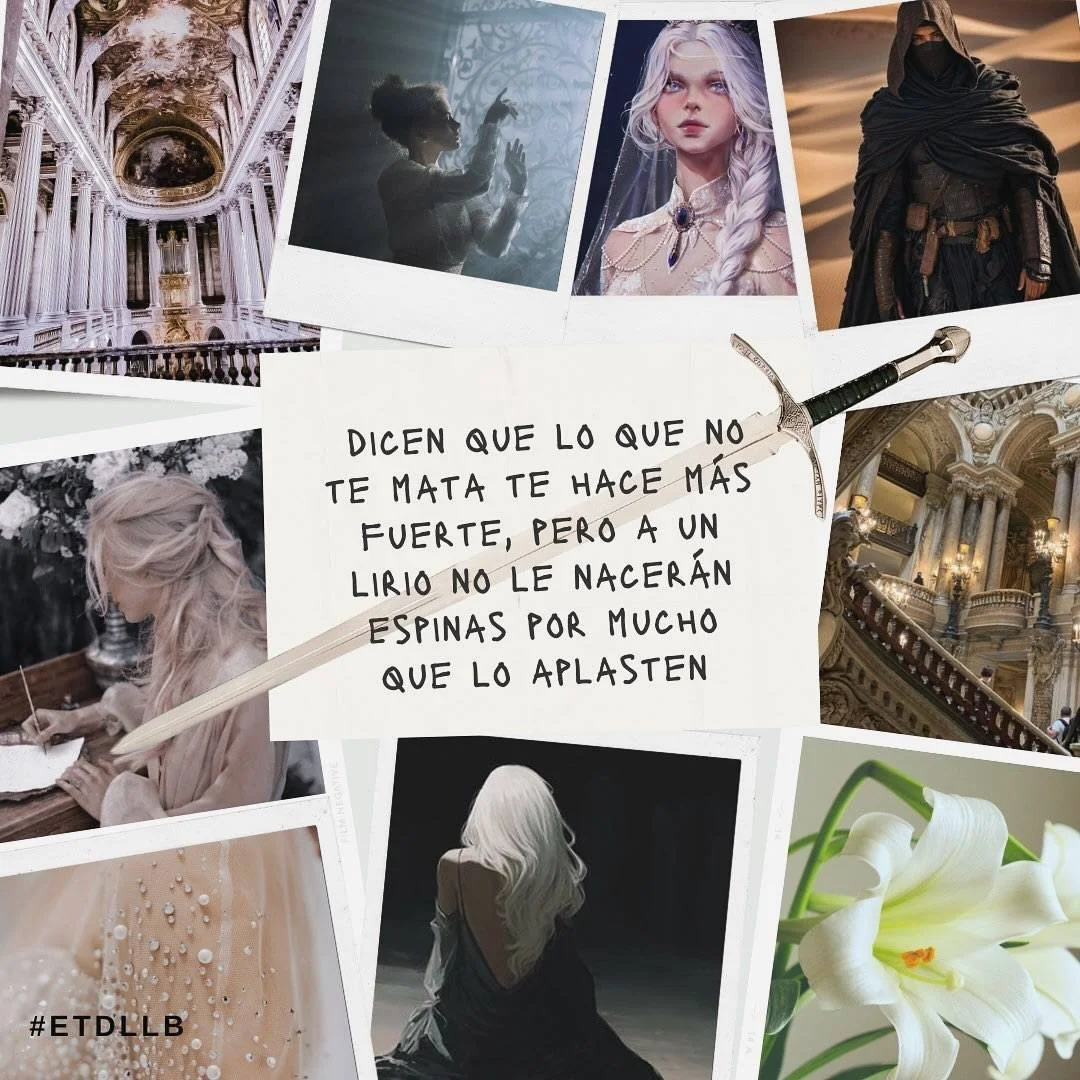 Colección de fotografías y una nota manuscrita con una espada decorativa. Las fotos muestran diferentes escenas elegantes, misteriosas y románticas, incluyendo interiores de palacios, mujeres con cabello largo y liso, personajes con vestimentas de fantasía, y flores blancas.