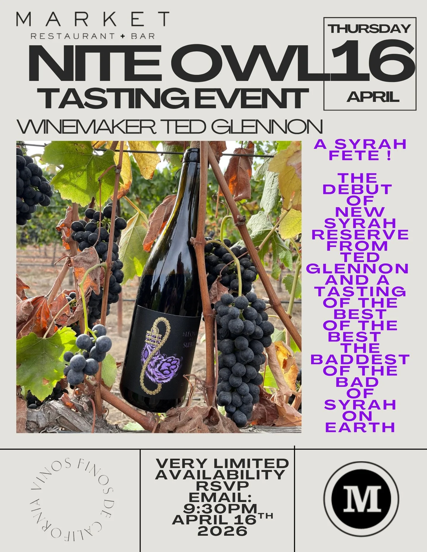April 16, 2026 9:30 PM.
Rare wine flight + new late night menu 
Special Guest Winemaker 

A Syrah Fete! 
Rare, delicious, mind altering, soul, satisfying, dark deep Syrah! 
Unicorns! Is what collectors and sommeliers call  these hendonistic rare bott