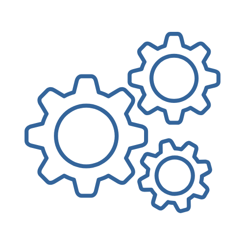 Line drawing of three interconnected gears in blue on a black background.