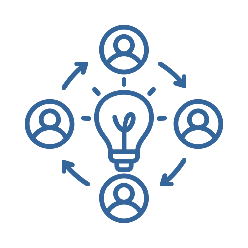 Icon of a light bulb at the center with four user icons connected around it, representing ideas or collaboration.