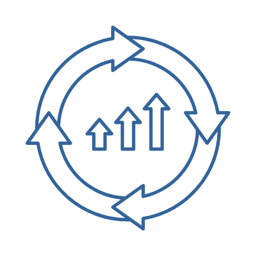Circular arrows surrounding upward pointing arrows indicating growth or progress.