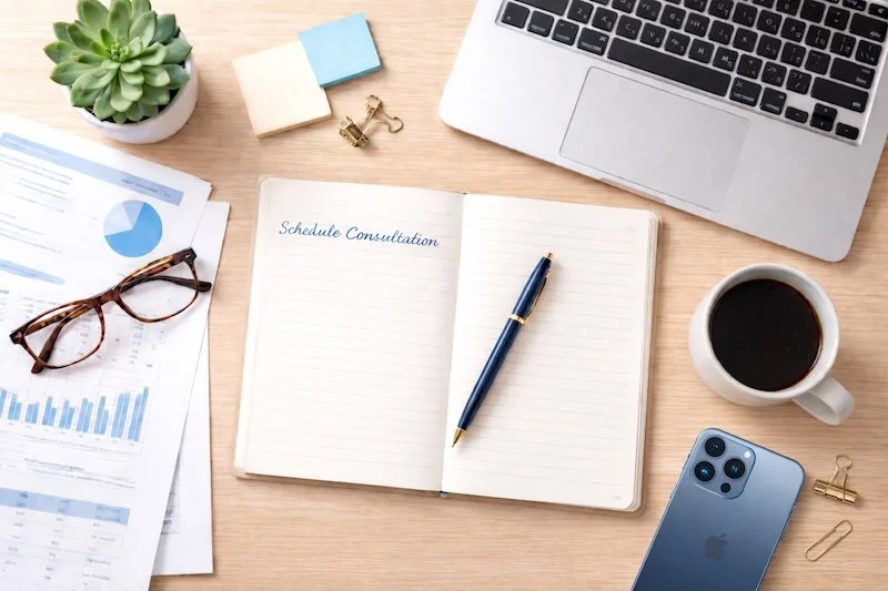 Organized workspace with a notebook titled 'Schedule Consultation', a laptop, a cup of coffee, an iPhone, glasses, graph papers, sticky notes, and office supplies on a wooden desk.