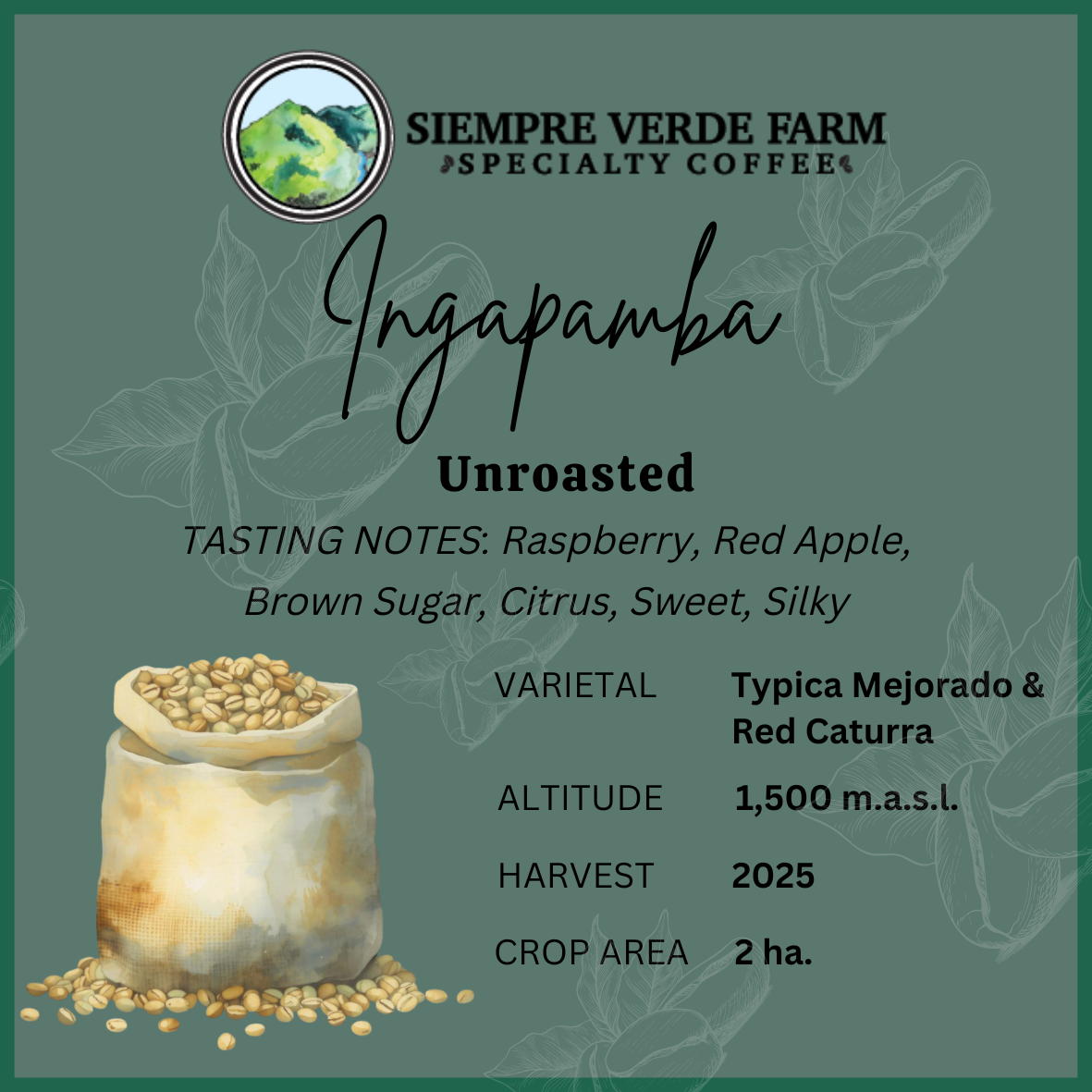 Specialty coffee label for Ecuador-grown Arabica beans, unroasted, and single origin.