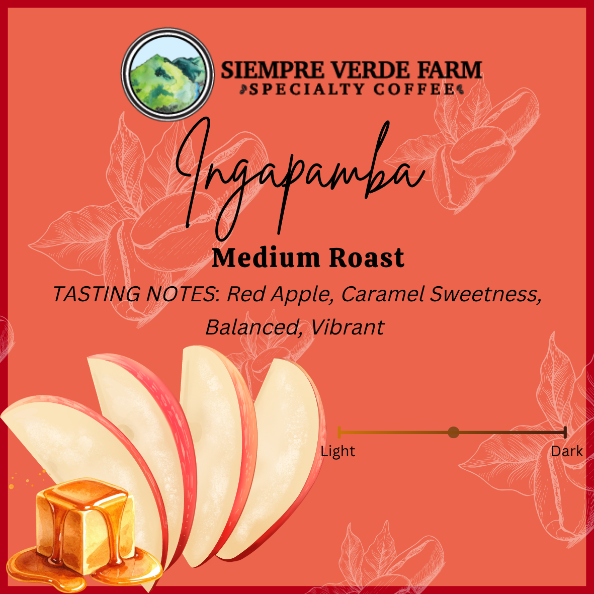 SVF Coffee Roasters Ecuadorian washed coffee label, medium roast with red apple and caramel tasting notes. Single-origin and small-batch roasted.