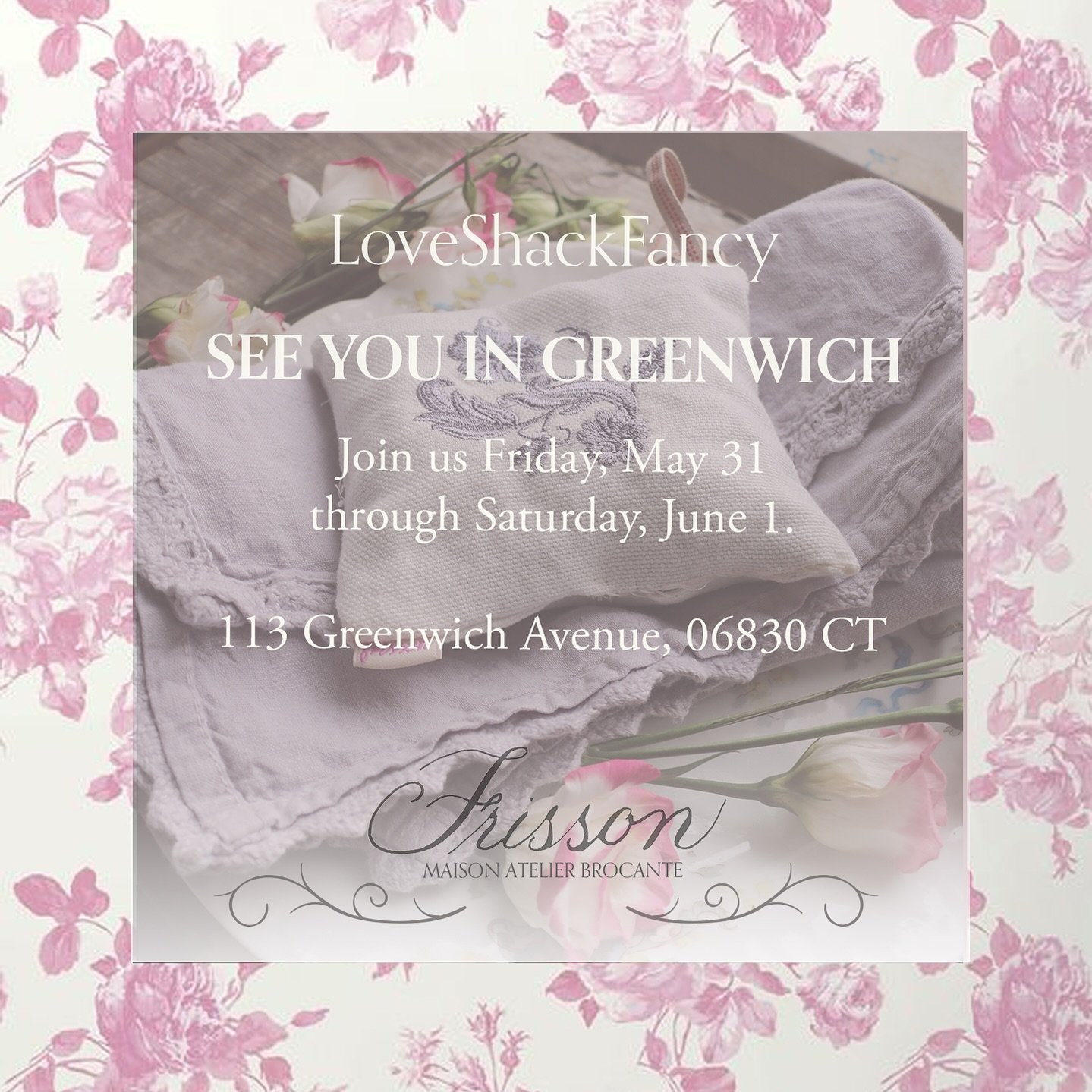 { LoveShackFancy Trunkshows } with Frisson Maison. We can&rsquo;t wait for our upcoming in-store happenings with our friends @loveshackfancy. Please save the date and join us next in Greenwich: 113 GREENWICH AVENUE, 06830 CT. 🎀

upcoming shows:
Gree