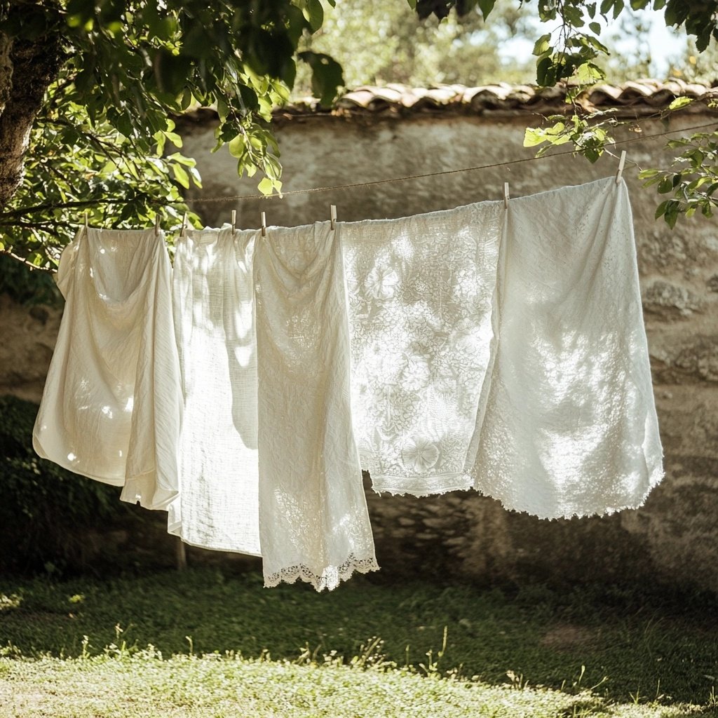{frisson maison} The simple act of hanging linens on a clothesline has always brought me peace. As a child, I&rsquo;d hang my doll&rsquo;s clothes, watching the breeze carry them gently, just like these delicate linens now. There&rsquo;s something me