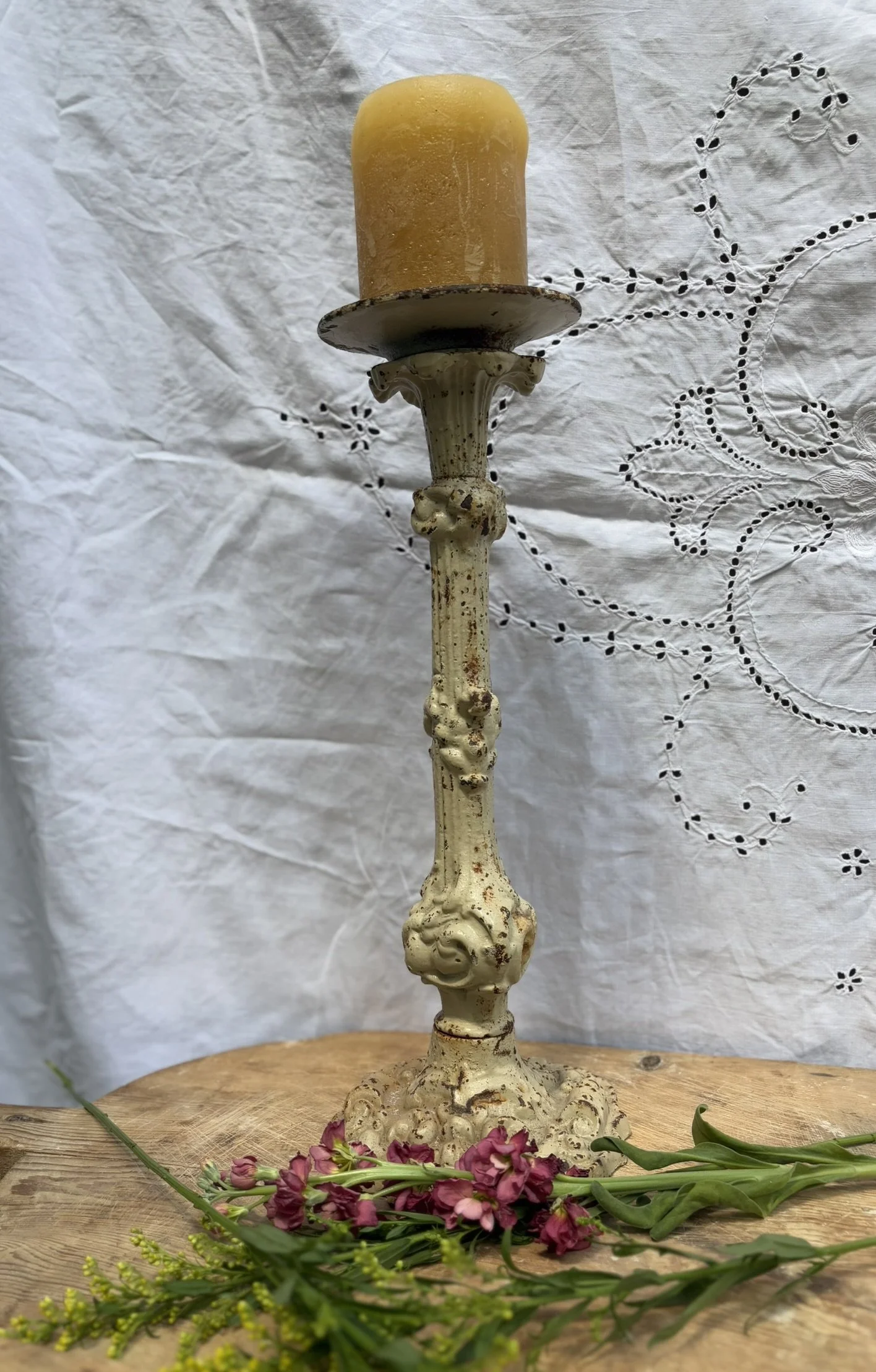 Antique Cast Iron Candlestick - Rust and Cream